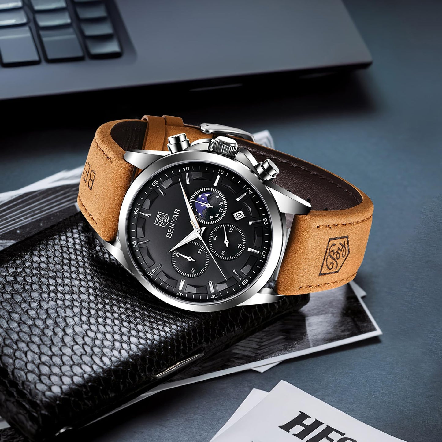 BY BENYAR Uhren Herren Chronograph Analog Quarz Wasserdicht Armbanduhr Herren Mode Lässig Business Herrenuhr mit Kalender Lederarmband/Edelstahlarmband Uhr Geschenk für Männer