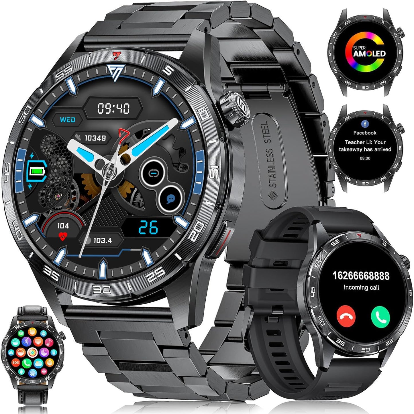 LIGE Smartwatch Herren mit 400mAh Lange Akkulaufzeit für Android iOS,1.43'' Amoled Display,110+ Sportmodi,Bluetooth-Anrufe,IP68 Wasserdicht Fitnessuhr mit Herzfrequenz, SpO2, Schlafmonitor,3 Armbänder