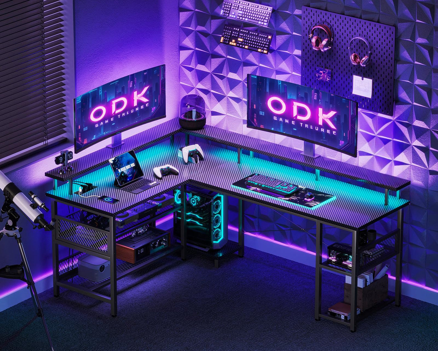 ODK Gaming Tisch mit LED, Reversibel Gaming Schreibtisch mit 2 Steckdosen & 2 USB-Ladeanschlüssen, Eckschreibtisch Groß mit Netzablage, Schwarz 150×102cm