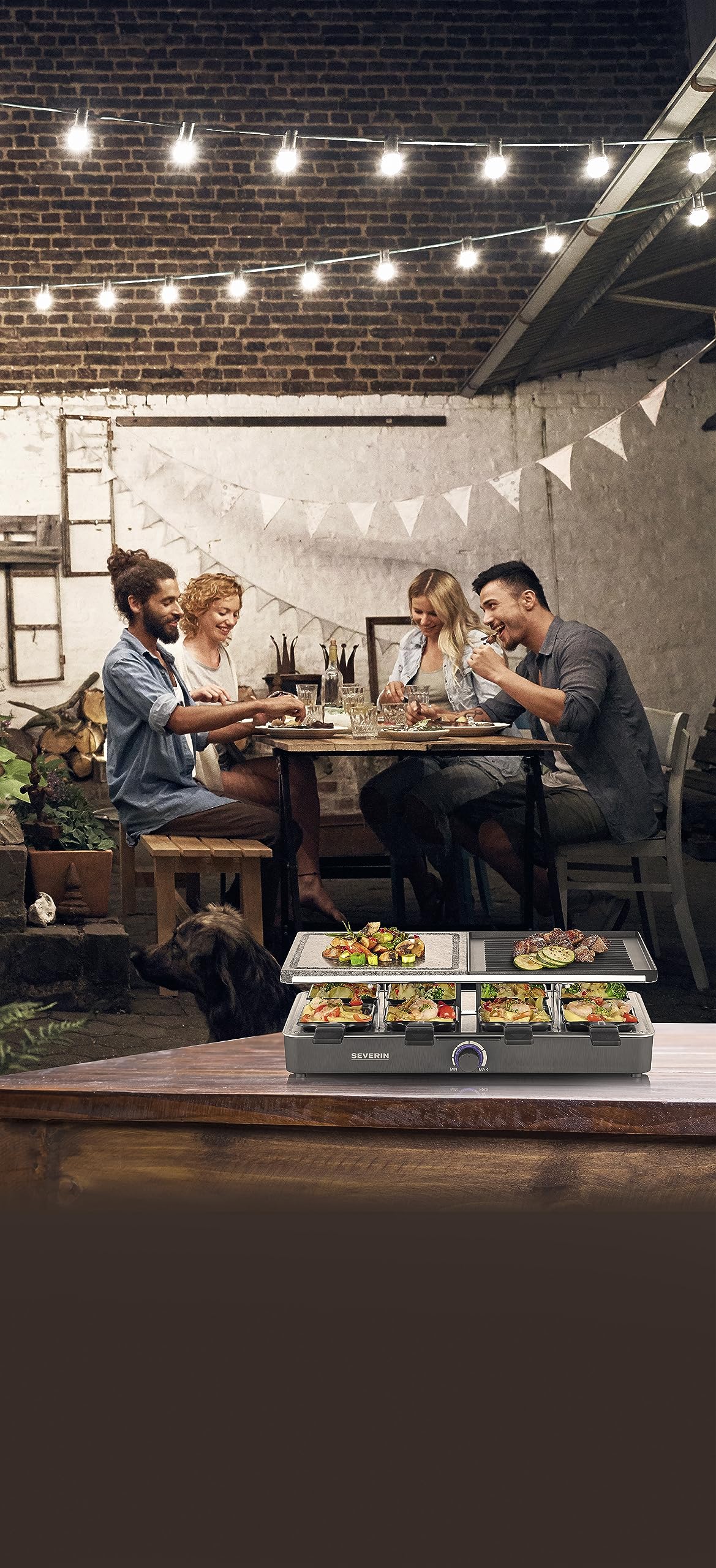 SEVERIN Raclette-Grill mit Naturgrillstein und Grillplatte, Raclette mit antihaftbeschichteter Grillplatte und 8 Pfännchen, Tischgrill für 8 Personen, max. 1300 W, schwarz, RG 2371