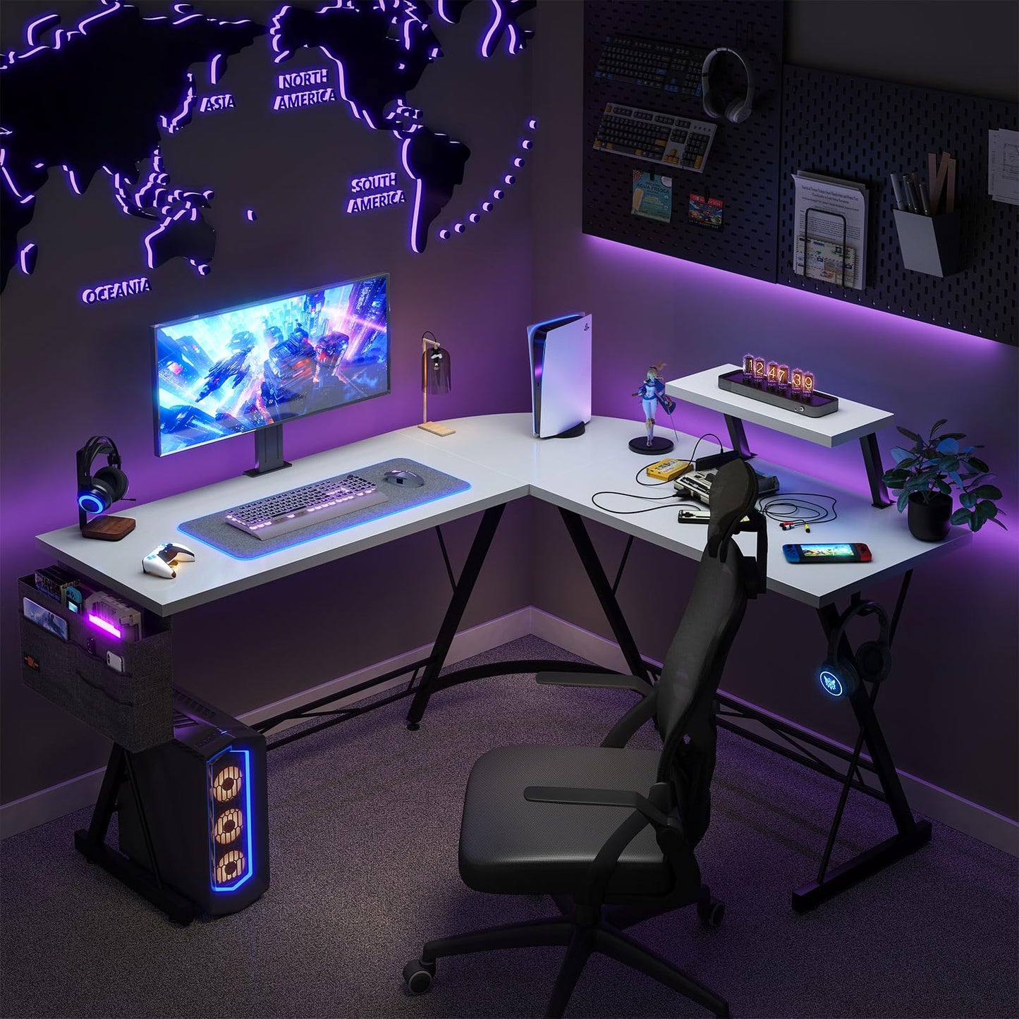 ODK Gaming Tisch, Gaming Schreibtisch Eckschreibtisch für Gamer, Schreibtisch L Form mit Monitorständer für Büro (Schwarz, 127 x 127 cm)