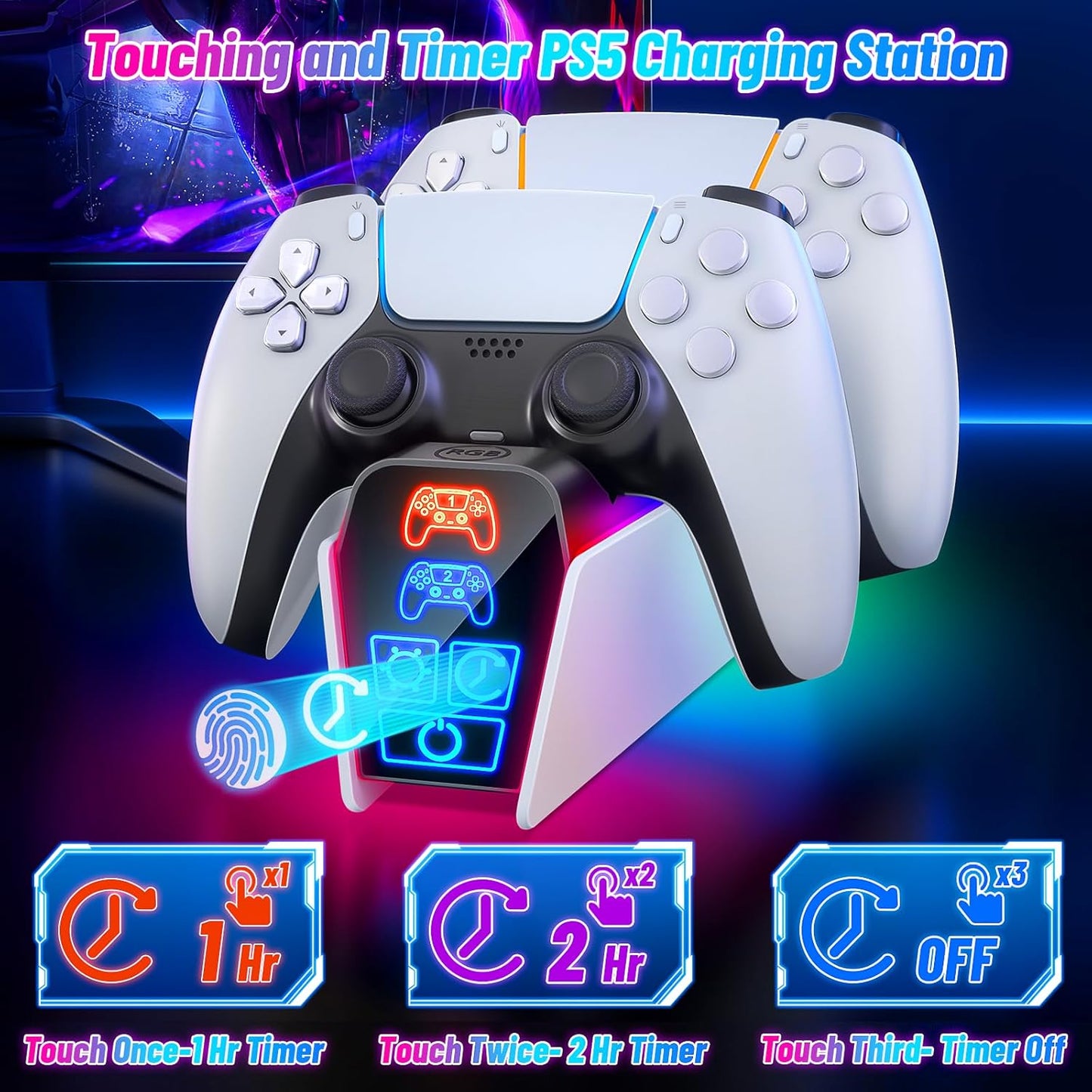 Fenolical Ladestation für DualSense PS5 & Edge Controller, Touch-Ladestation, Zeitgesteuerte, Multifunktionale Playstation5-Gaming-Ladestation mit frei Steuerbarer Beleuchtung