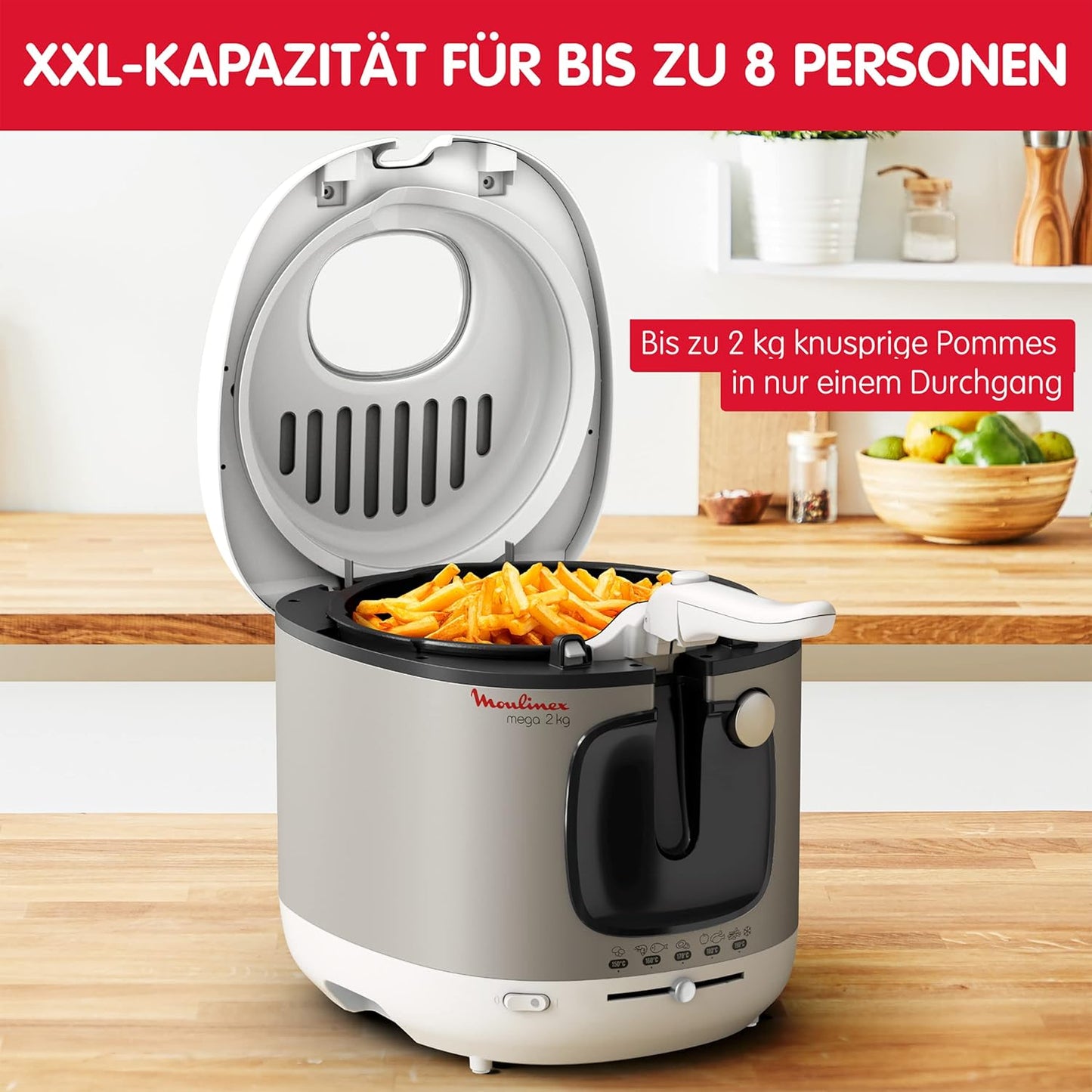 Moulinex Mega 2kg Fritteuse, Fritteuse mit Öl, Anti-Geruchs-Filter, regelbare Temperatur, leichte Reinigung, knusprige Pommes, 1.800 Watt, für bis zu 8 Personen, weiß/silber, AM4800