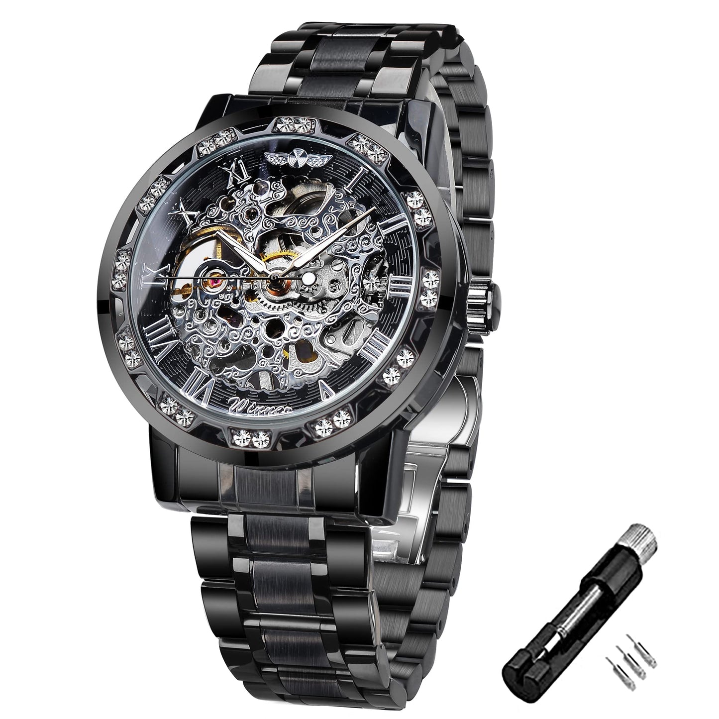 FORSINING Gewinner Retro Manuelle mechanische Skelett Uhr mit Diamantschnitzen Blume Handwerk Männer Armbanduhr Klassische römische Zahl, Schwarze Goldfarbe