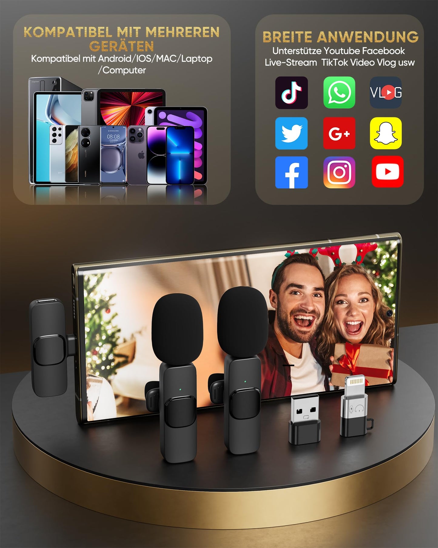 IUMAKEVP Lavalier Mikrofon Kabellos kompatibel mit iPhone/iPad/Android-Handy/Laptop, Plug-Play Wireless Ansteckmikrofon mit Rauschunterdrückung für Videoaufnahmen/Live-Dampf/Interview/TikTok (2 Mics)