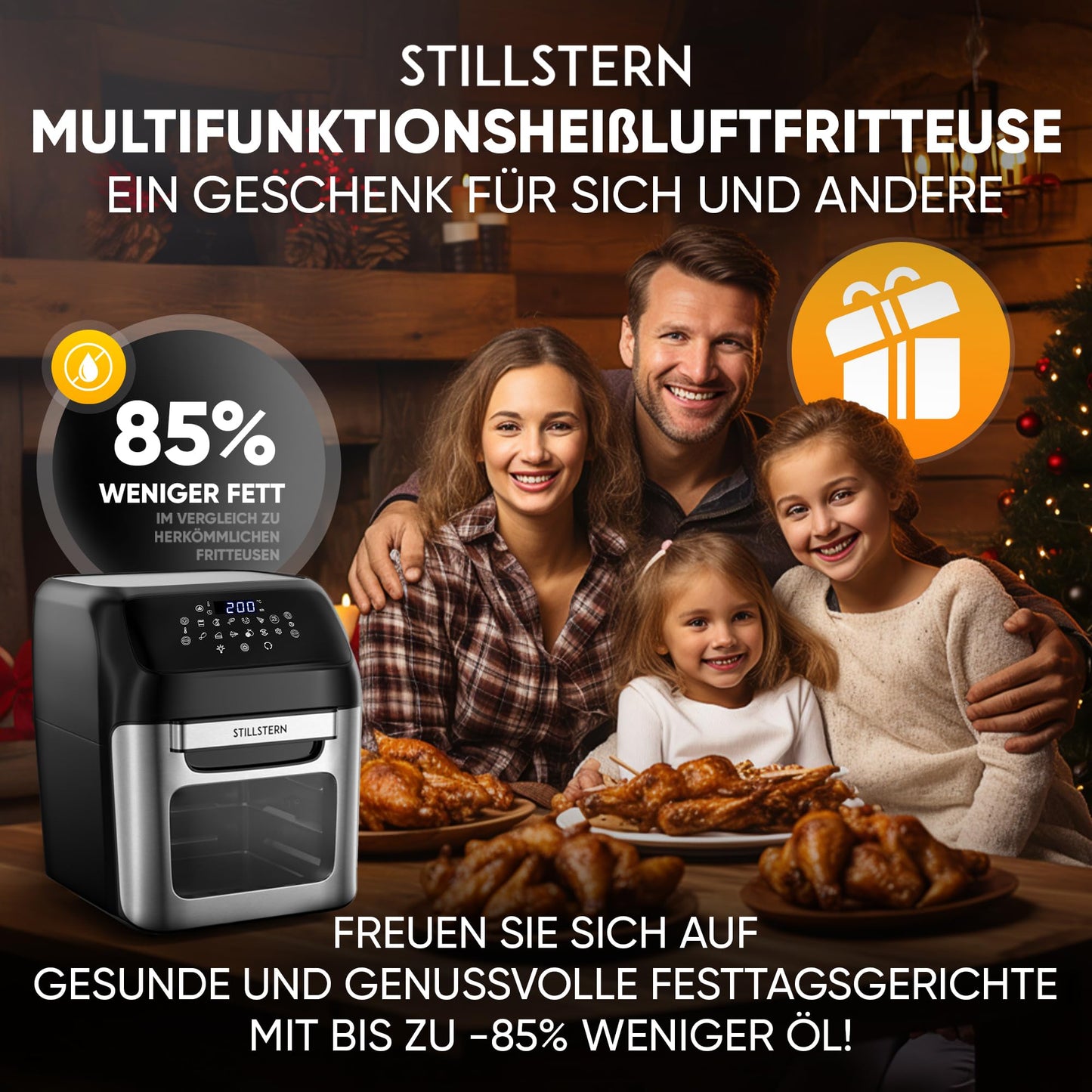 Stillstern Heißluftfritteuse 12L mit LED-Touchscreen, XXL Rezeptbuch auf Deutsch, 12 Programme, Vorheizen&Warmhalten, 1800W Heissluftfritteuse Air Fryer XXL ohne Öl Dörren Minibackofen Camping Grill
