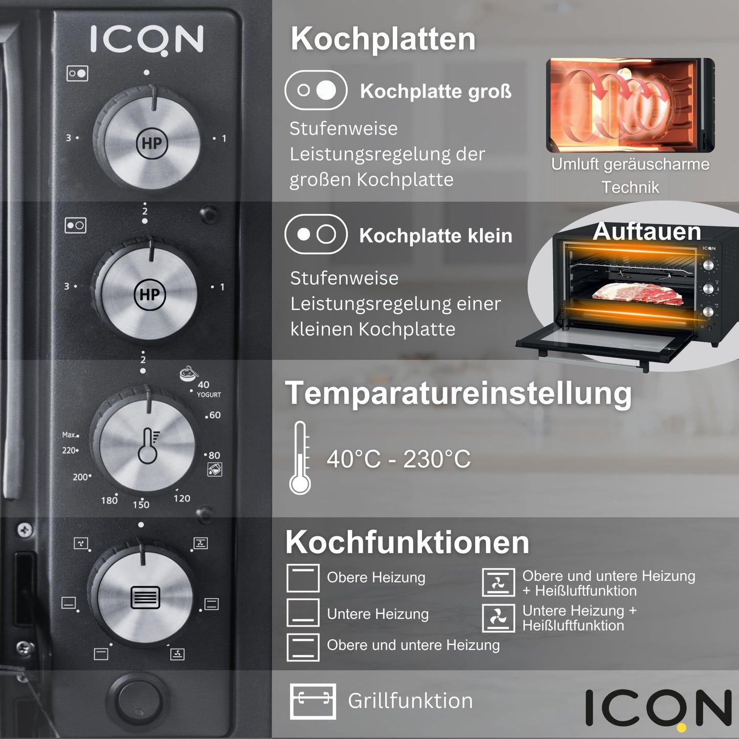 ICQN Kompakter Minibackofen 15 Liter, 1200W, 60 min-Timer, 3 Kochfuntionen, 90°-230°C, Kleiner Camping Ofen, Anthrazit, 2-Jahre Garantie