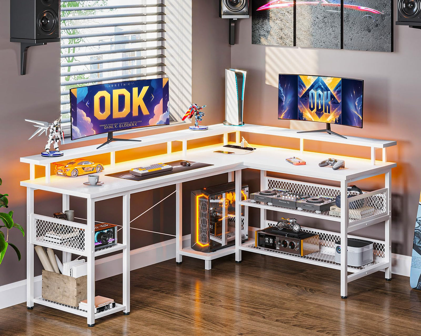 ODK Gaming Tisch mit LED, Reversibel Gaming Schreibtisch mit 2 Steckdosen & 2 USB-Ladeanschlüssen, Eckschreibtisch Groß mit Netzablage, Schwarz 150×102cm