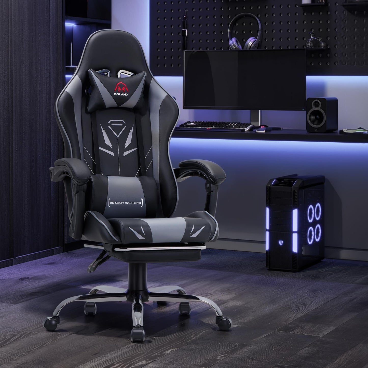 COLAMY Gaming Stuhl, Computer Stuhl mit Fußstütze und Lendenwirbelstütze, höhenverstellbarer Gaming Chair mit 360°-Drehsitz und Kopfstütze, Video Gamer PC Stuhl, Ergonomische hohe Rückenlehne, Weiß