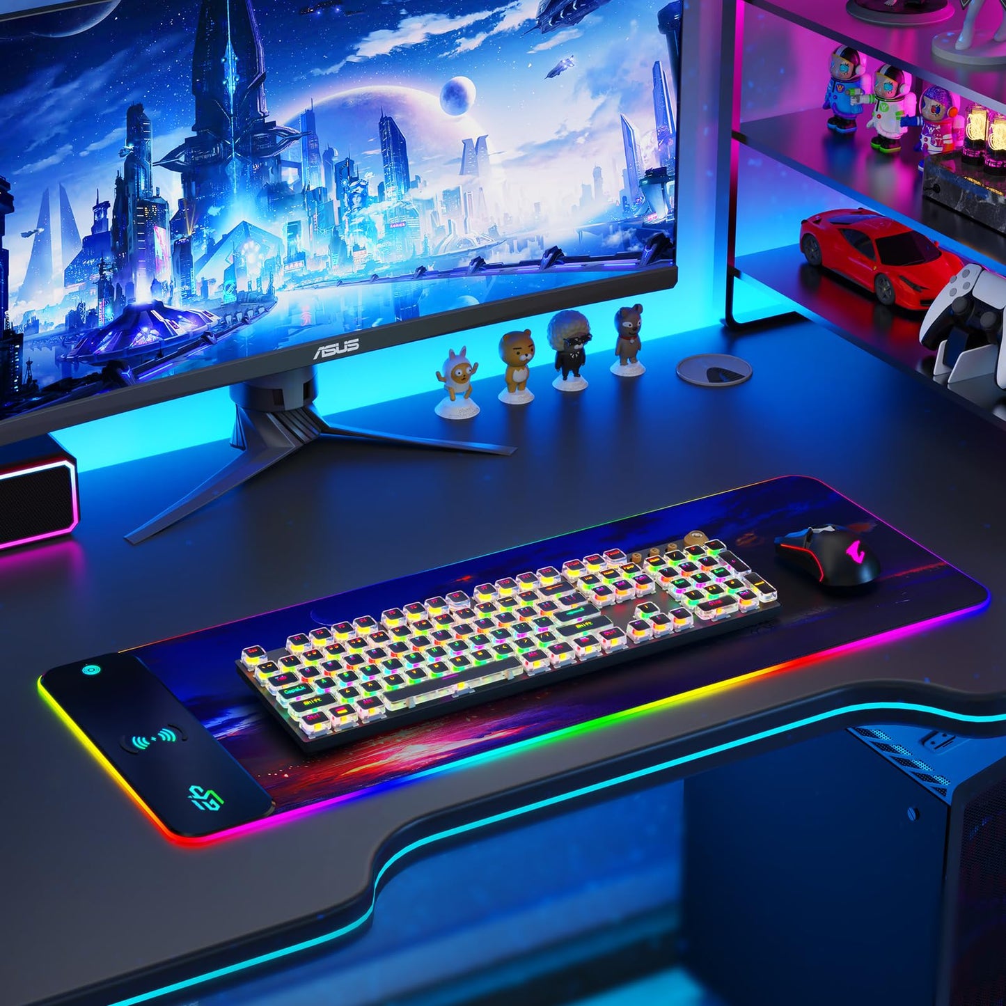 RGB Gaming Mauspad 15W Qi Mousepad LED, 10 Beleuchtungsmodi mit 15W Schnellladung Qi Kabelloses Laden für I-Phone Handy, Kopfhörer, Wasserdicht, rutschfest für Gaming, Schreibtische, PC und Büro