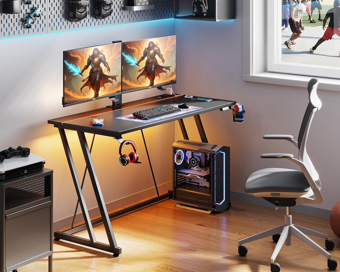 ODK Gaming Tisch mit LED & Steckdose, Gaming Schreibtisch mit Becherhalter und Kopfhörerhaken, Doppel-Z-Rahmen-Design Kleiner Computertisch, Carbon Fiber Schwarz PC Tisch 120 cm