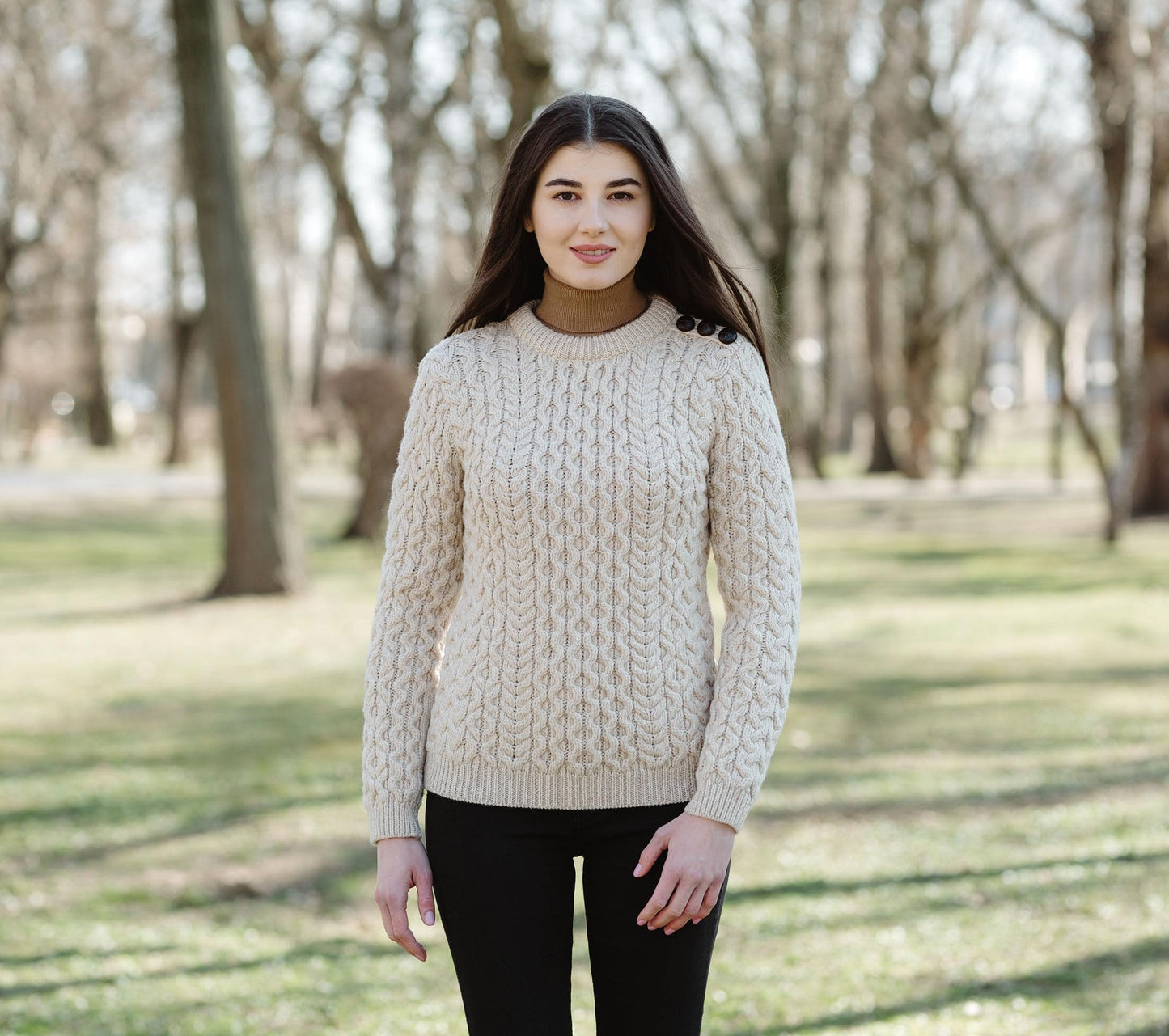 SAOL Women’s Merino Wool Sweater – Aran Knit with Side Buttons