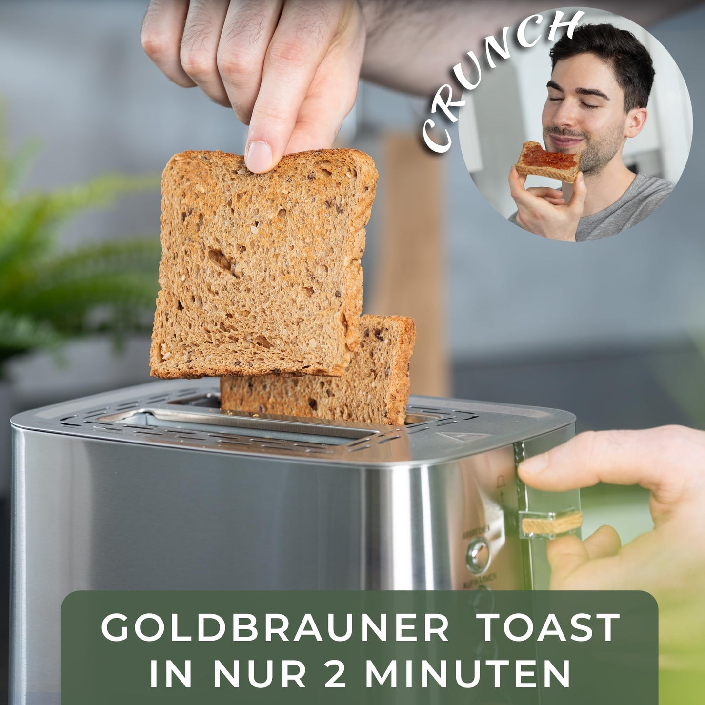 WALDWERK Design Toaster - Made of 304 Stainless Steel and Oak Wood - for 2 Slices - with Bun Attachment - with Extra Wide and Deep Toast Chambers - with Crumb Drawer