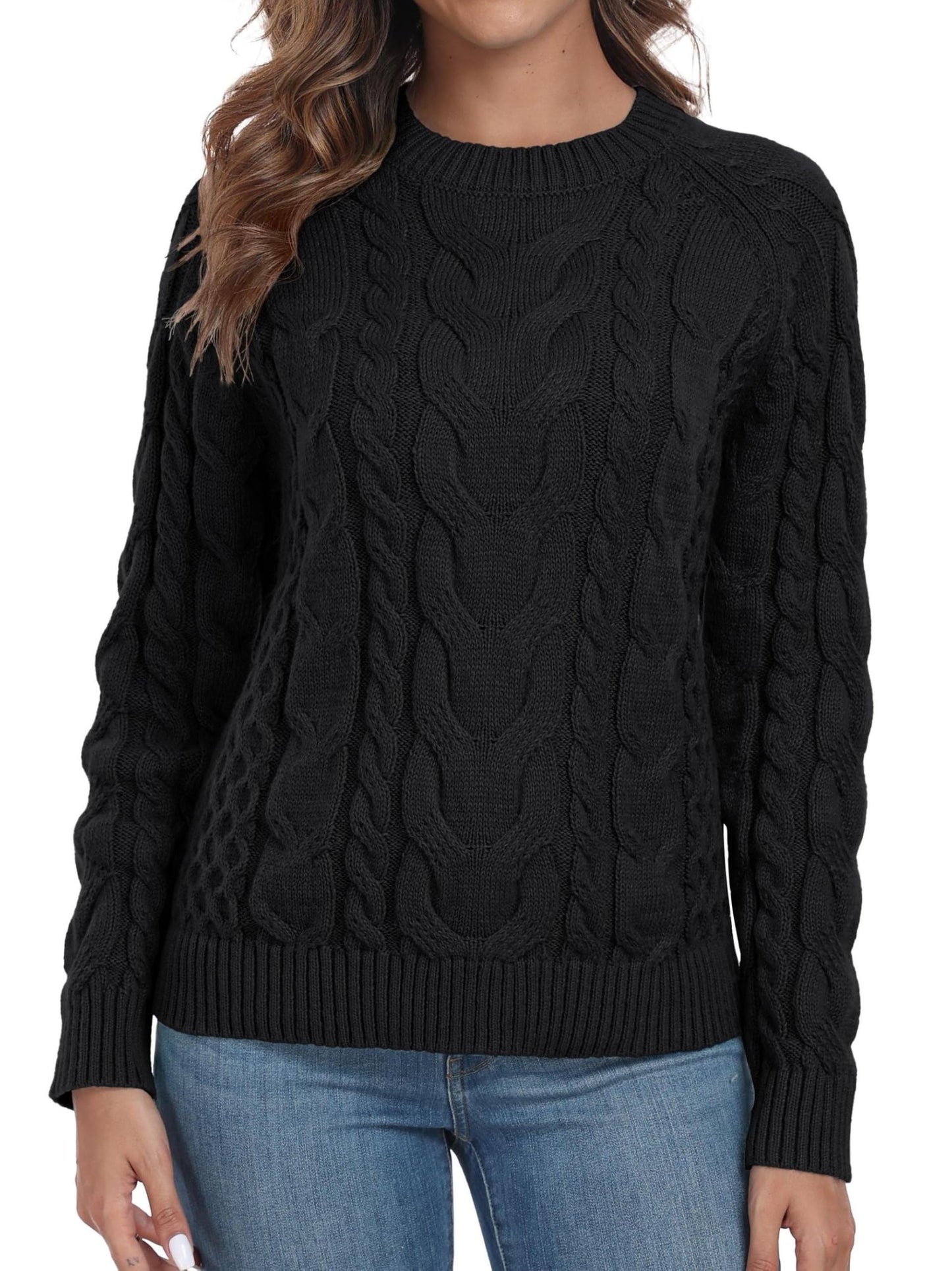 QIXING Women's Cable Knit Sweater – Elegant Long Sleeve Round Neck Winter Pullover