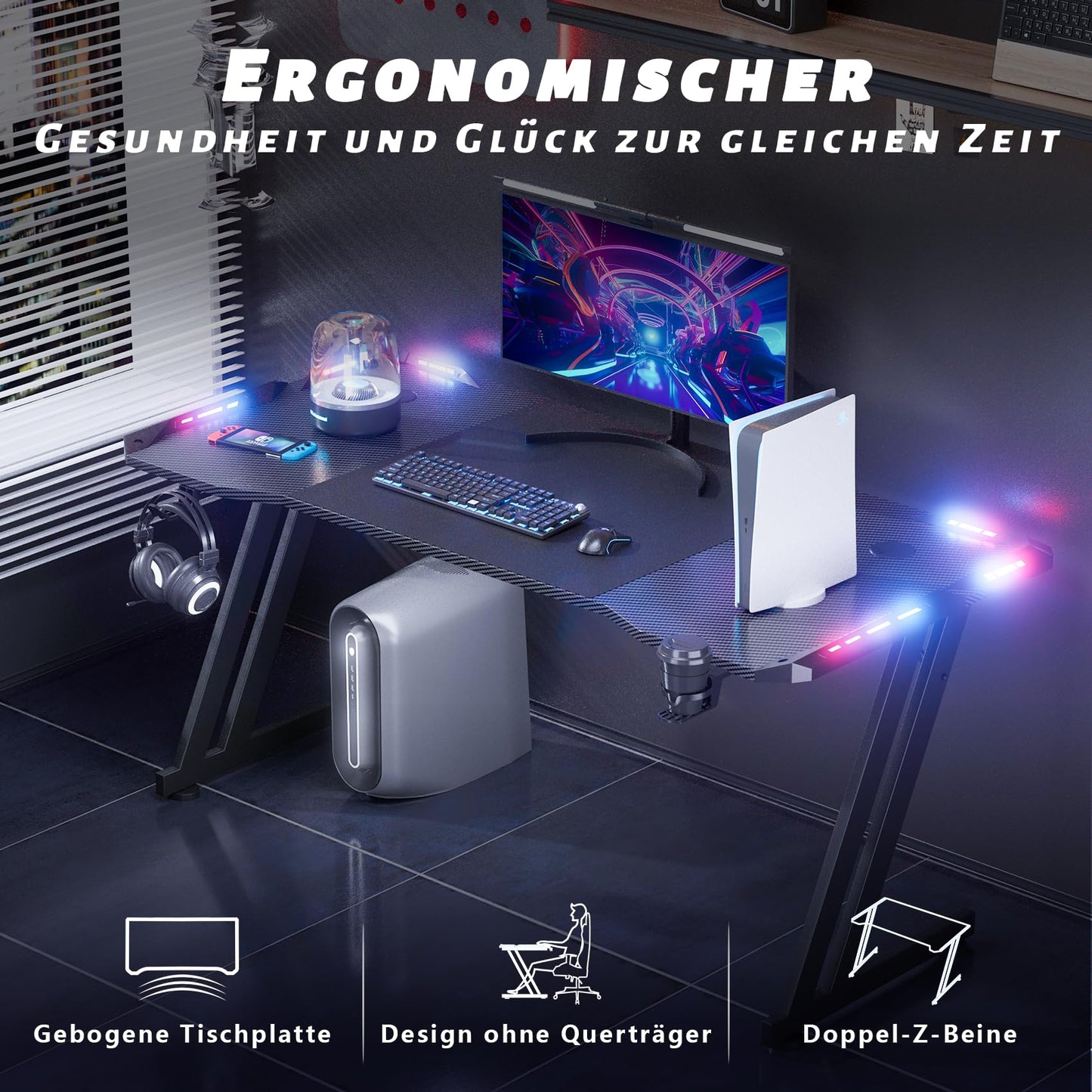 HLONONE 120 x 60 cm Gaming Tisch, Gaming Schreibtisch mit LED, PC Tisch Gaming mit Kohlefaseroberfläche, Stabiler Computertisch für Gaming mit Kopfhörerhaken und Getränkehalter, Schwarz