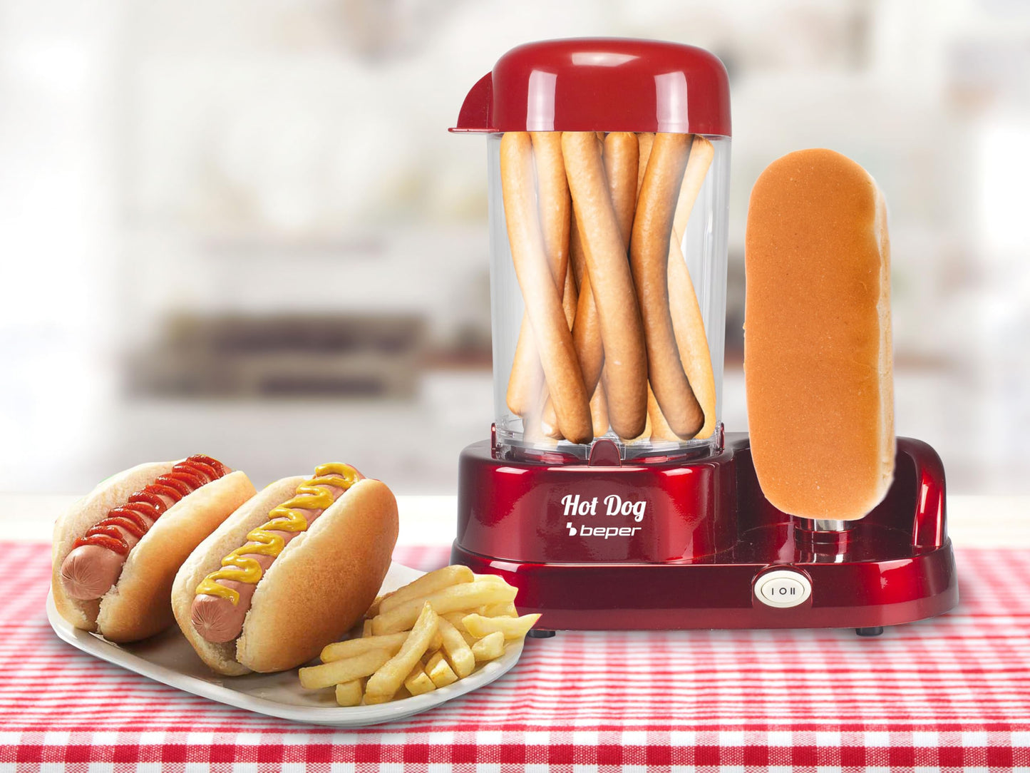 BEPER BT.150Y Hot Dog Maker mit 5 Kochstufen - Hot Dog Maschine im Vintage Design, Rot, 750 W