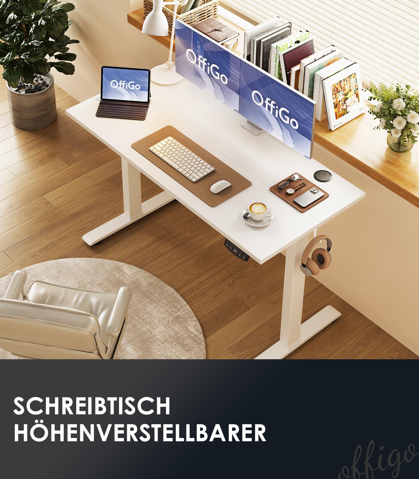 OffiGo Höhenverstellbarer Schreibtisch, 120 cm Elektrischer Schreibtisch, Ergonomischer Tisch mit Memory-Funktion, Gaming Tisch Höhenverstellbar, Moderner Computertisch für Zuhause und Büro, Weiß