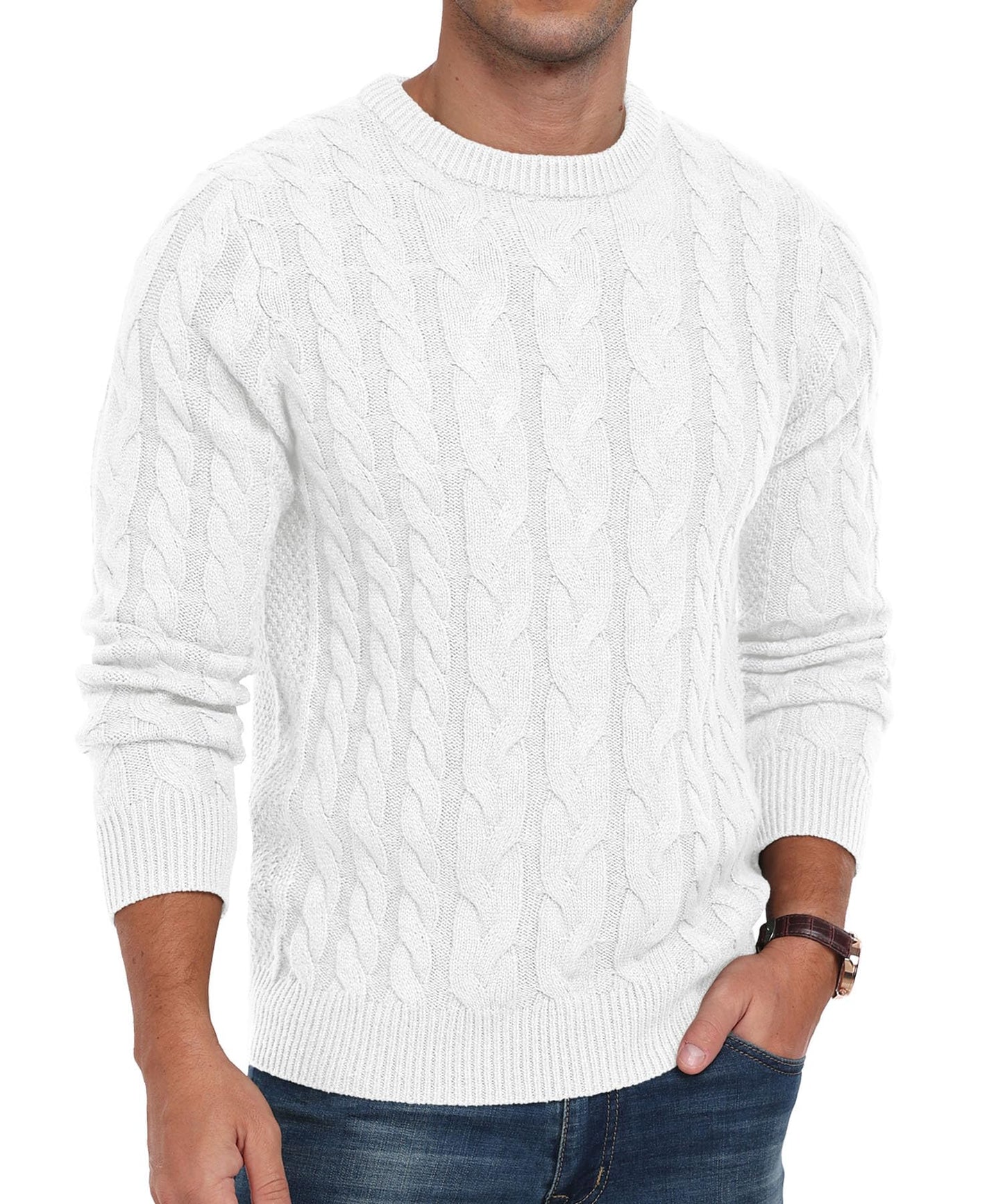 QIXING Men’s Cable Knit Sweater – Chunky Crewneck Pullover