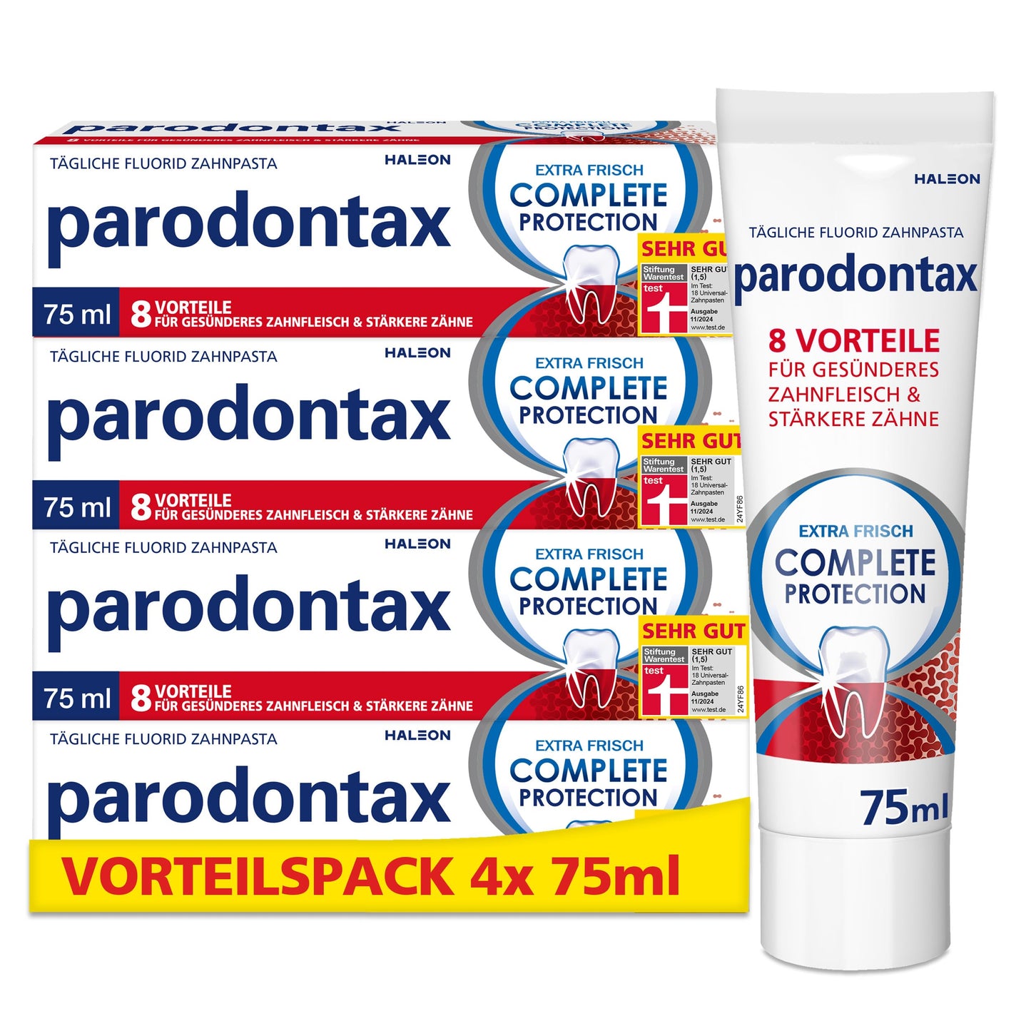 Parodontax Complete Protection Zahnpasta mit Fluorid, 4x75ml, hilft Zahnfleischbluten zu reduzieren und vorzubeugen