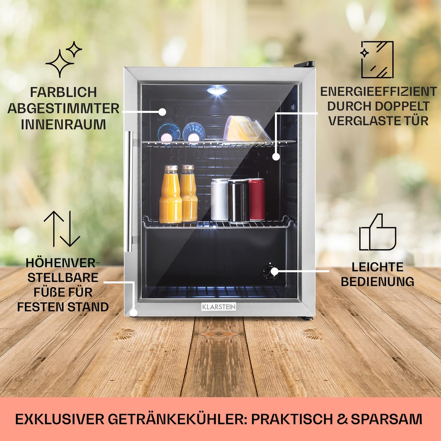 Klarstein Mini Fridge with Glass Door, Mini, for Room, Drinks Fridge Small with Adjustable Shelves, with Waveform Racks, 60 Liter Refrigerator Quiet
