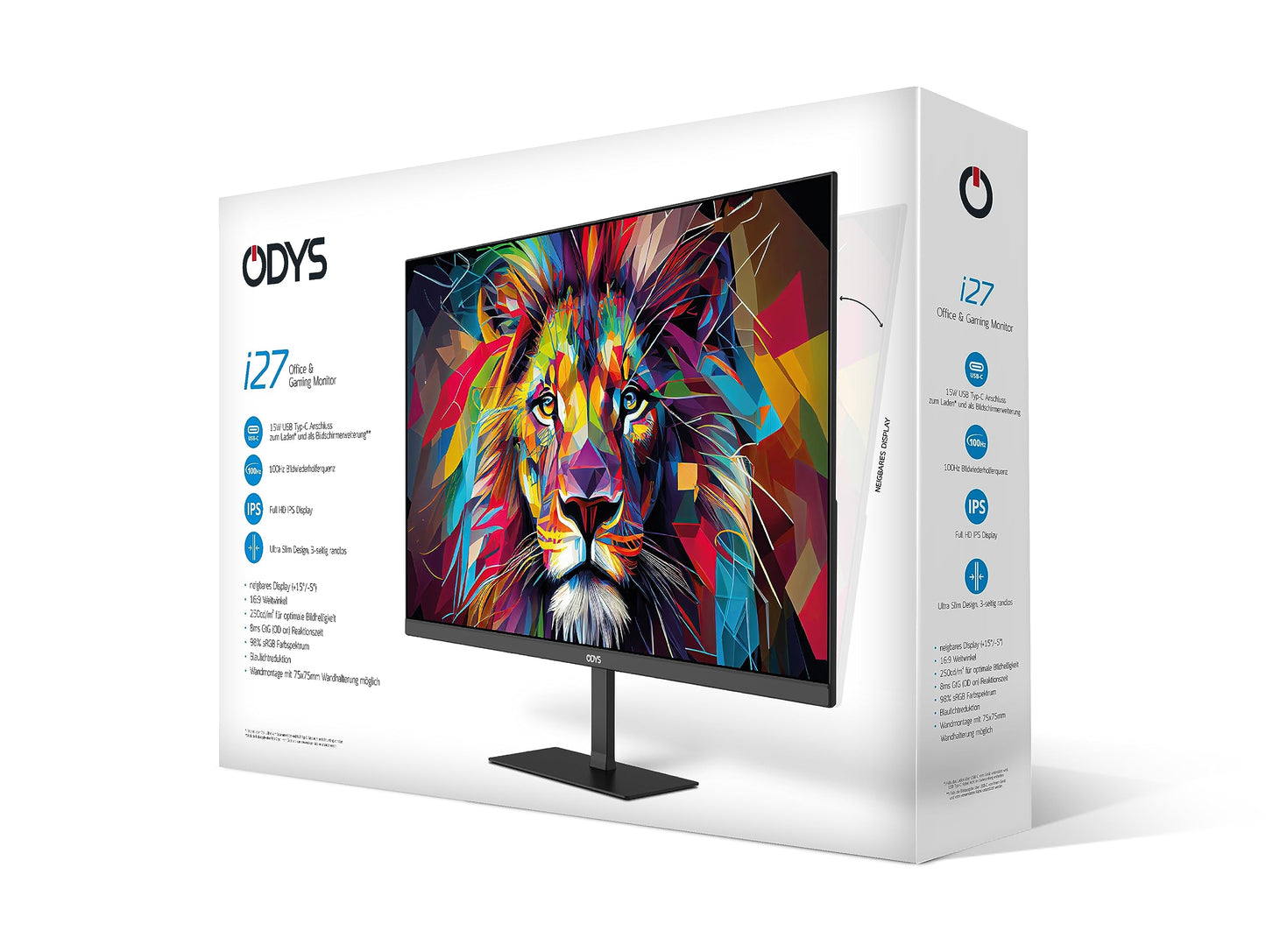 ODYS i27 Monitor - 27-Zoll-Bildschirm im rahmenlosen Design, Full HD, 100 Hz, mit HDR, IPS Panel, FreeSync, HDMI, USB-C, 3,5mm Audio