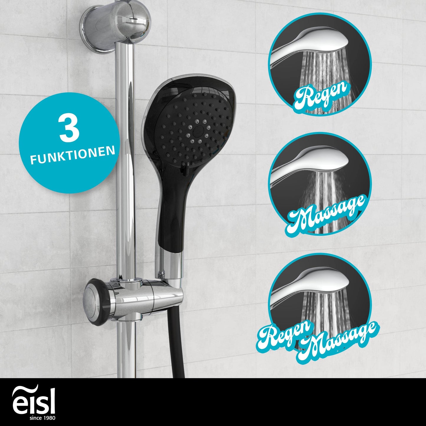 EISL Duschset EASY FRESH, Duschsystem ohne Armatur 2 in 1 mit großer Regendusche (250 x 200 mm) und Handbrause, Regendusche ohne Armatur ideal zum Nachrüsten, komplettes Montageset, Chrom DX12006