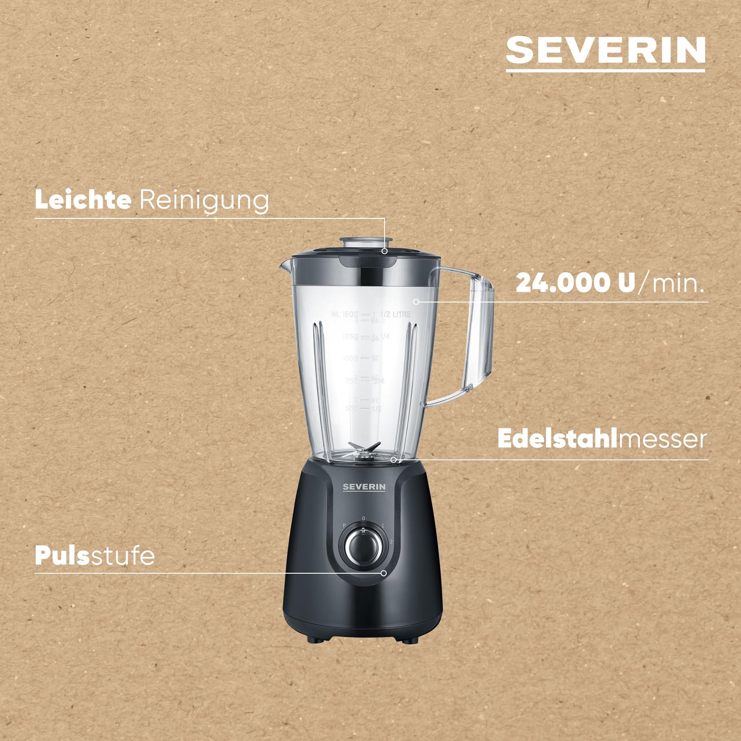 SEVERIN Standmixer mit 1,5 L Mixbehälter aus Tritan, Mixer mit 2 Stufen und Pulse-Funktion, leistungsstarker Küchenmixer mit Edelstahlmesser, 600 W, Schwarz