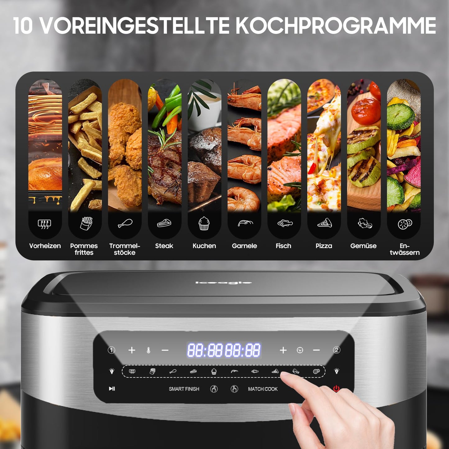 iceagle Heißluftfritteuse 6,5 L Airfryer XL - Fritteuse Ohne Fett mit Metallinnenraum | 1700W Heissluftfriteuse mit 8 Kochprogramme, Digitalem Display, mit deutschem Rezeptbuch
