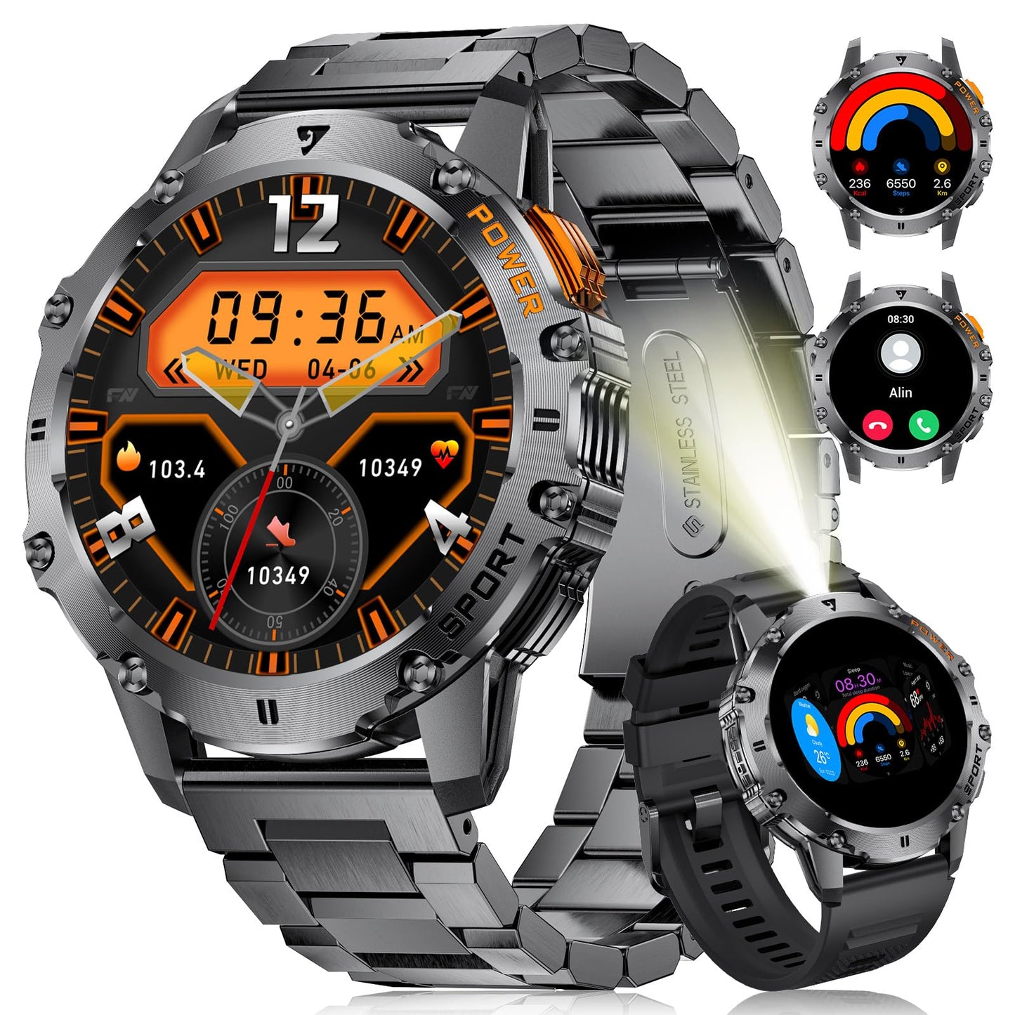 LIGE Smartwatch Herren Militär,Taschenlampe/1.43" AMOLED Sportuhr mit 500 mAh Akku/Telefonfunktion, 110+Sportmodi, IP68 Wasserdicht Smartwatch mit Herzfrequenz/Schlafmonitor für Android iOS,Schwarz
