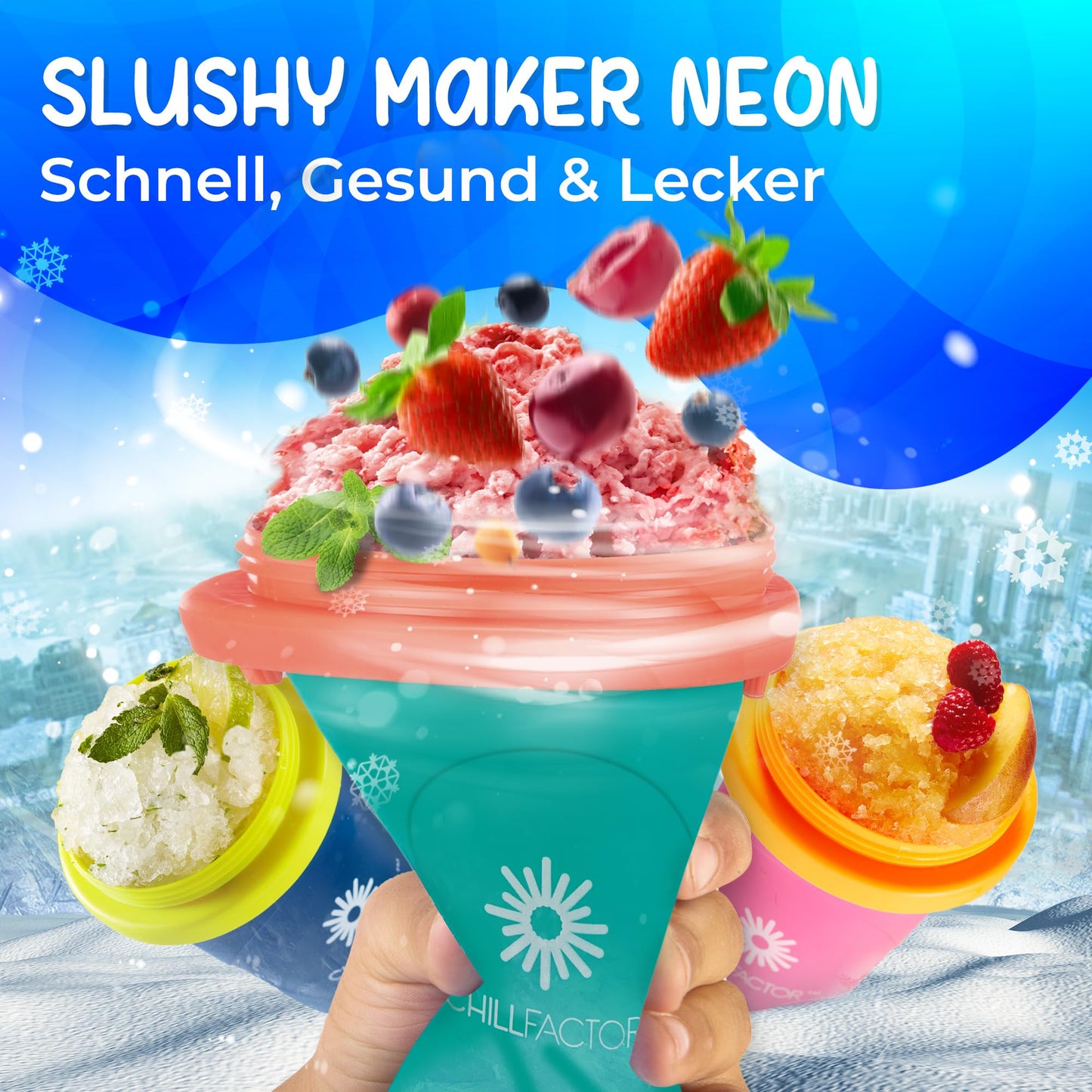 Magic Freez Slushy Maker – Tragbarer Slushy Becher aus Silikon mit 2-in-1 Strohhalm und Löffel – Slush Ice Maker für erfrischende Slushies – Slushi Cup zum Slush Eis selbermachen – 370ml