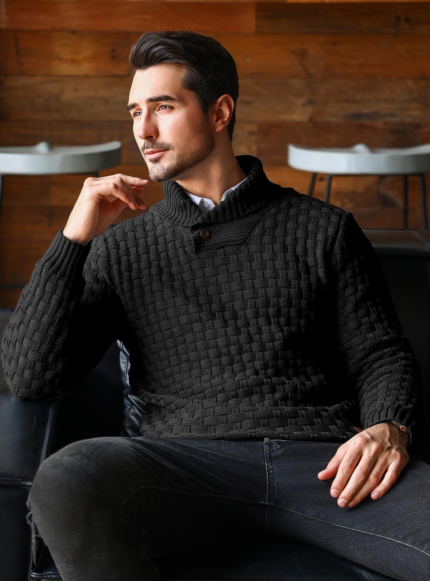 HYPESTFIT Men’s Mock Neck Sweater – Textured Knit Pullover