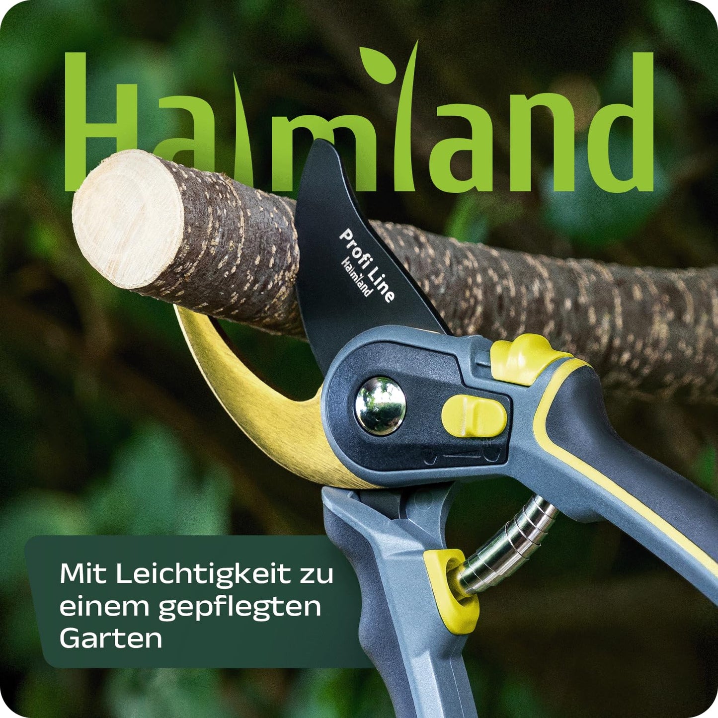 halmland® Premium Gartenschere mit scharfer SK5 Stahlklinge | Astschere, Pflanzenschere | schneidet Äste bis 20mm Durchmesser | Teflon-Antihaftbeschichtung | für große & kleine Hände | Gelb