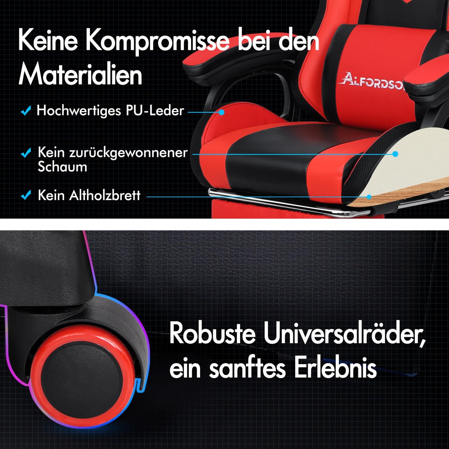 ALFORDSON Gaming Stuhl mit 8-Punkt Massage 12 Farben RGB LED-Licht, Bürostuhl Ergonomisch mit fußstützen, Kopfstütze Lendenkissen für Kinder Erwachsene, Schwarz