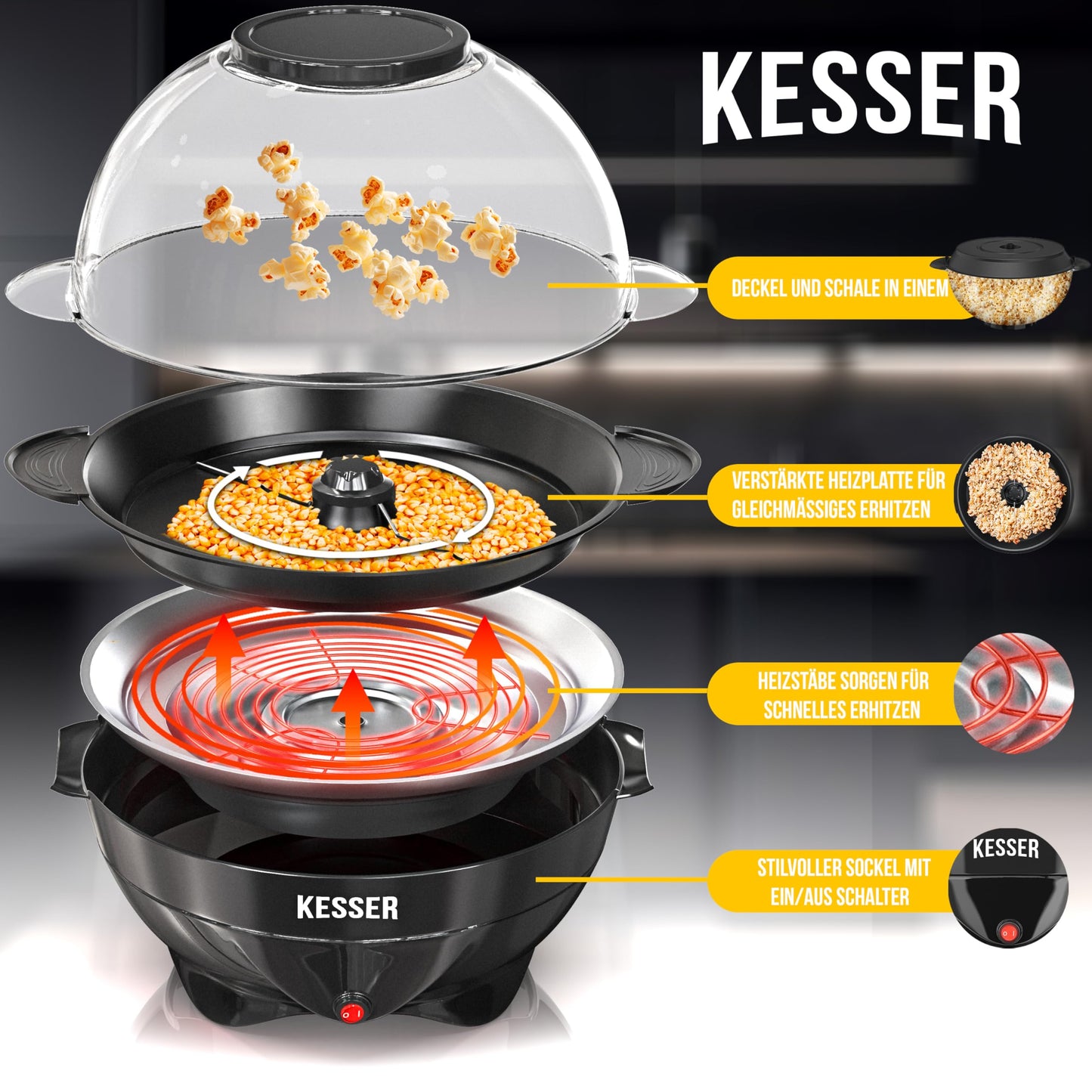 KESSER® Popcornmaschine Groß 800W | Popcorn-Maker 5,5l Inhalt mit Antihaftbeschichtung Deckel & Servierschale | für Öl Butter Zucker Stille & Schnelle inkl. abnehmbarer Heizfläche
