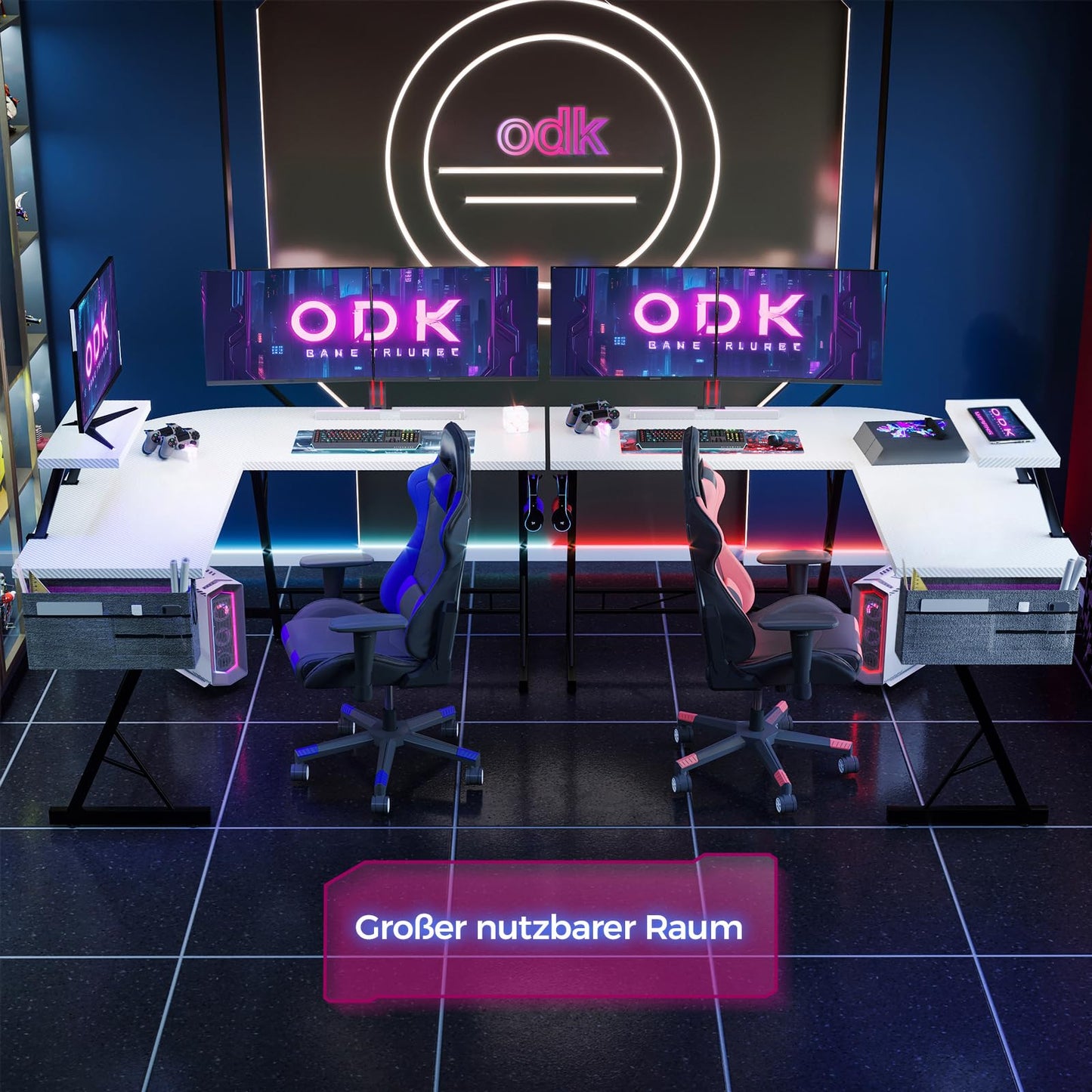 ODK Gaming Tisch, Gaming Schreibtisch Eckschreibtisch für Gamer, Schreibtisch L Form mit Monitorständer für Büro (Schwarz, 127 x 127 cm)