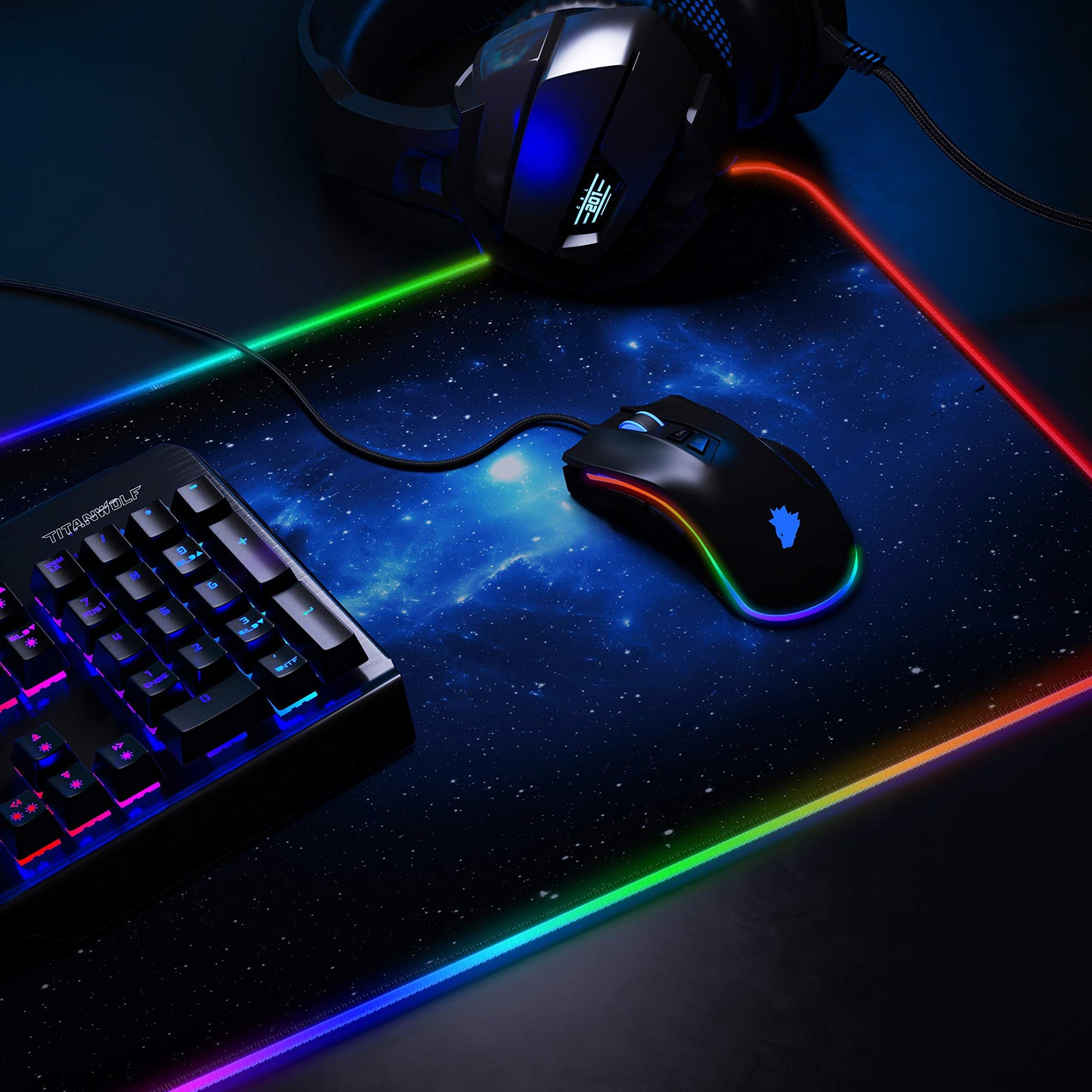 TITANWOLF - RGB Gaming Mouse Pad - LED Desk Pad - 800x300 mm - XXL Mouse Pad - LED Multi Color - 11 Lighting Modes - 7 LED Colors Plus 4 Effect Modes - Washable - Stars