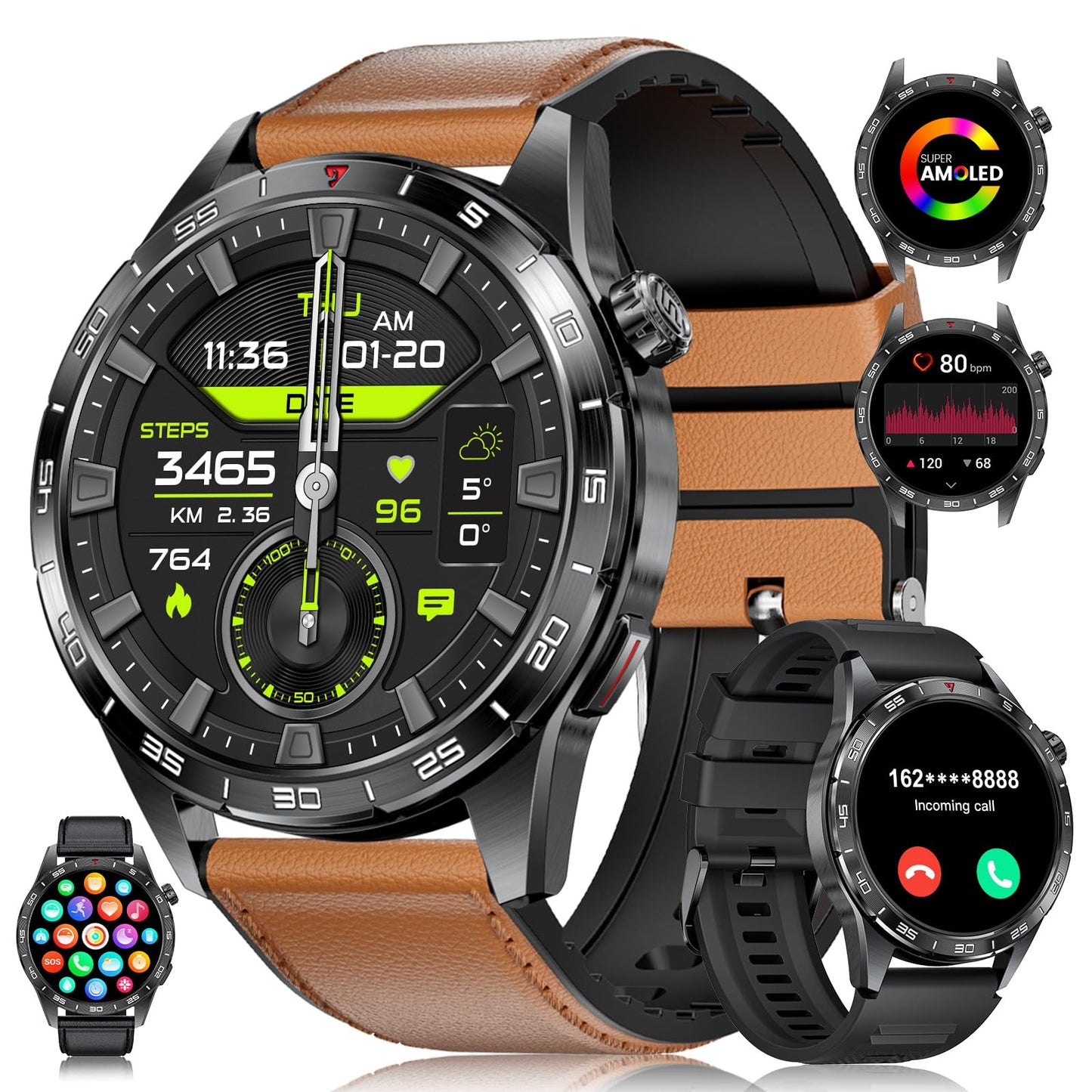 LIGE Smartwatch Herren mit 400mAh Lange Akkulaufzeit für Android iOS,1.43'' Amoled Display,110+ Sportmodi,Bluetooth-Anrufe,IP68 Wasserdicht Fitnessuhr mit Herzfrequenz, SpO2, Schlafmonitor,3 Armbänder