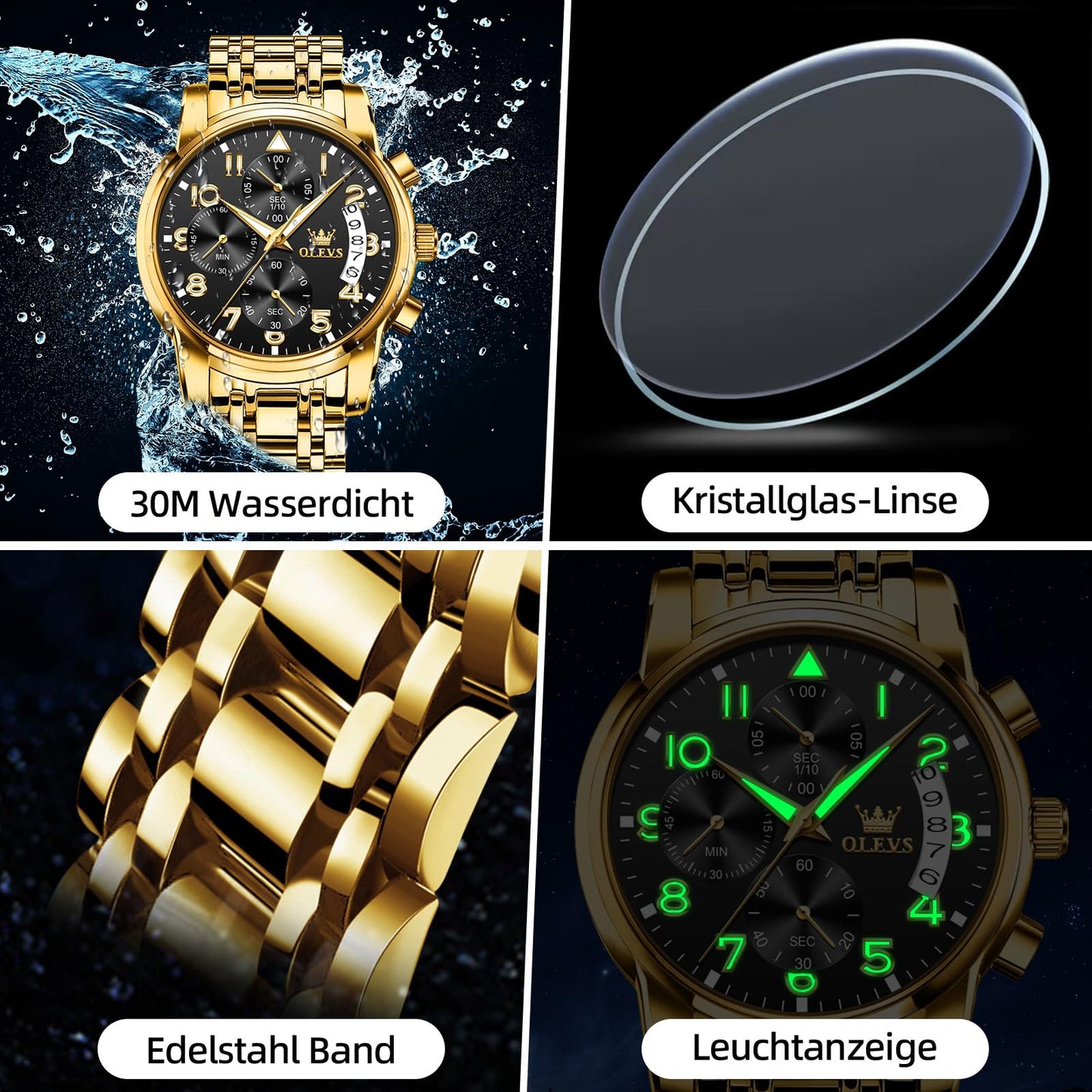 OLEVS Uhren Herren, Edelstahl Analoger Quarzuhr, Multifunktionale Diamanten Herrenuhren, Klassisches Luxuskleid Herrenuhr