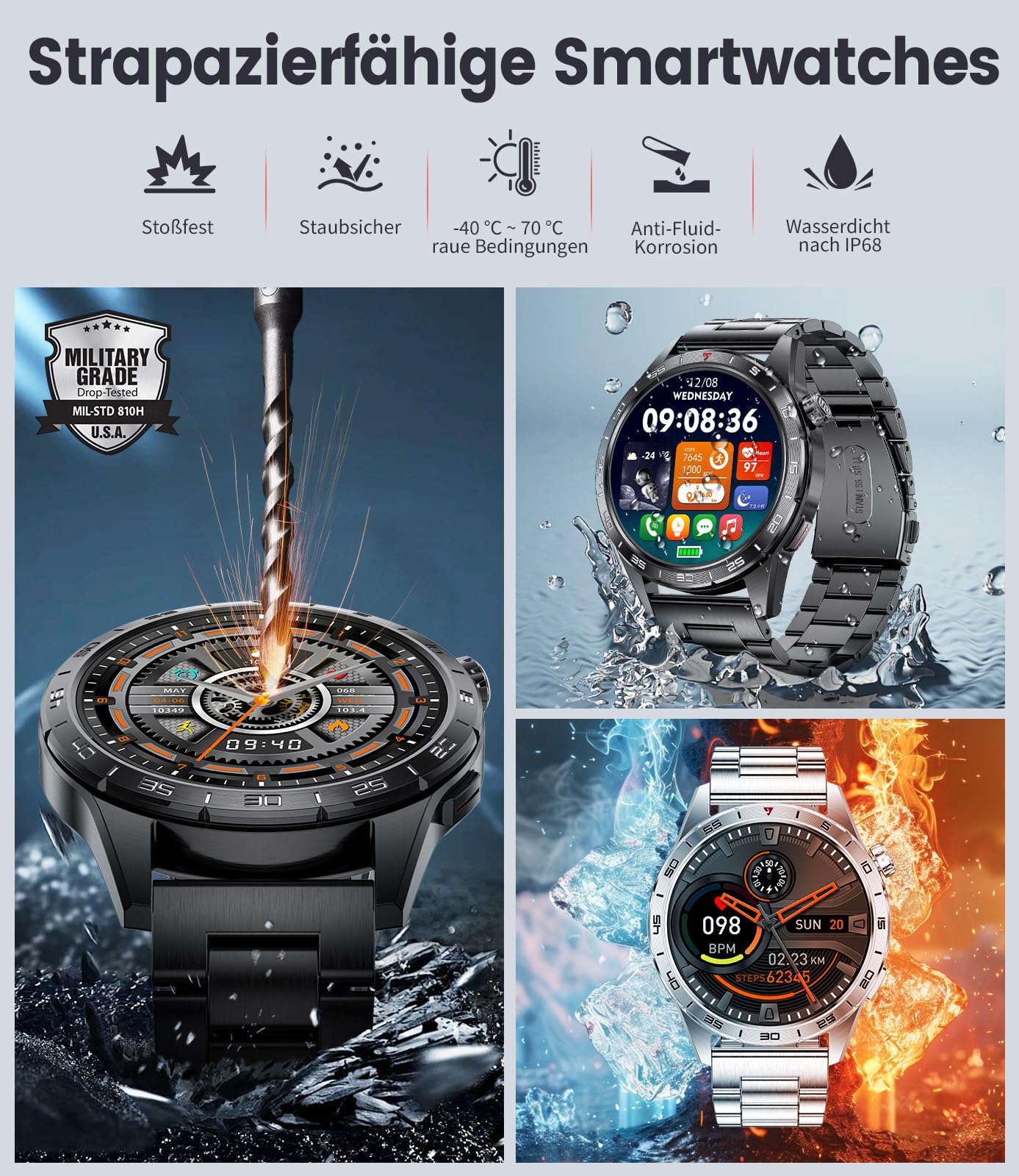 LIGE Smartwatch Herren mit 400mAh Lange Akkulaufzeit für Android iOS,1.43'' Amoled Display,110+ Sportmodi,Bluetooth-Anrufe,IP68 Wasserdicht Fitnessuhr mit Herzfrequenz, SpO2, Schlafmonitor,3 Armbänder