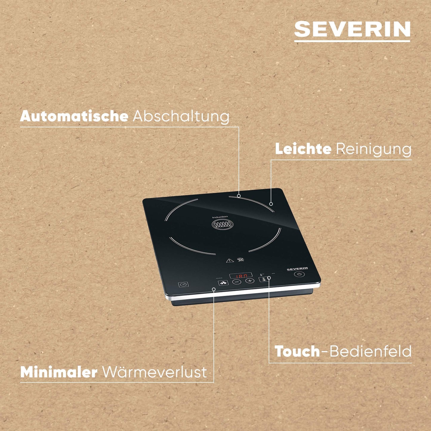 SEVERIN Kochplatte Induktion, für Küche, Büro oder Camping, hochwertige Herdplatte mit stufenloser Temperatureinstellung, Campingkocher mit Glaskeramik-Kochfeld, schwarz, 2.000 W, KP 1071