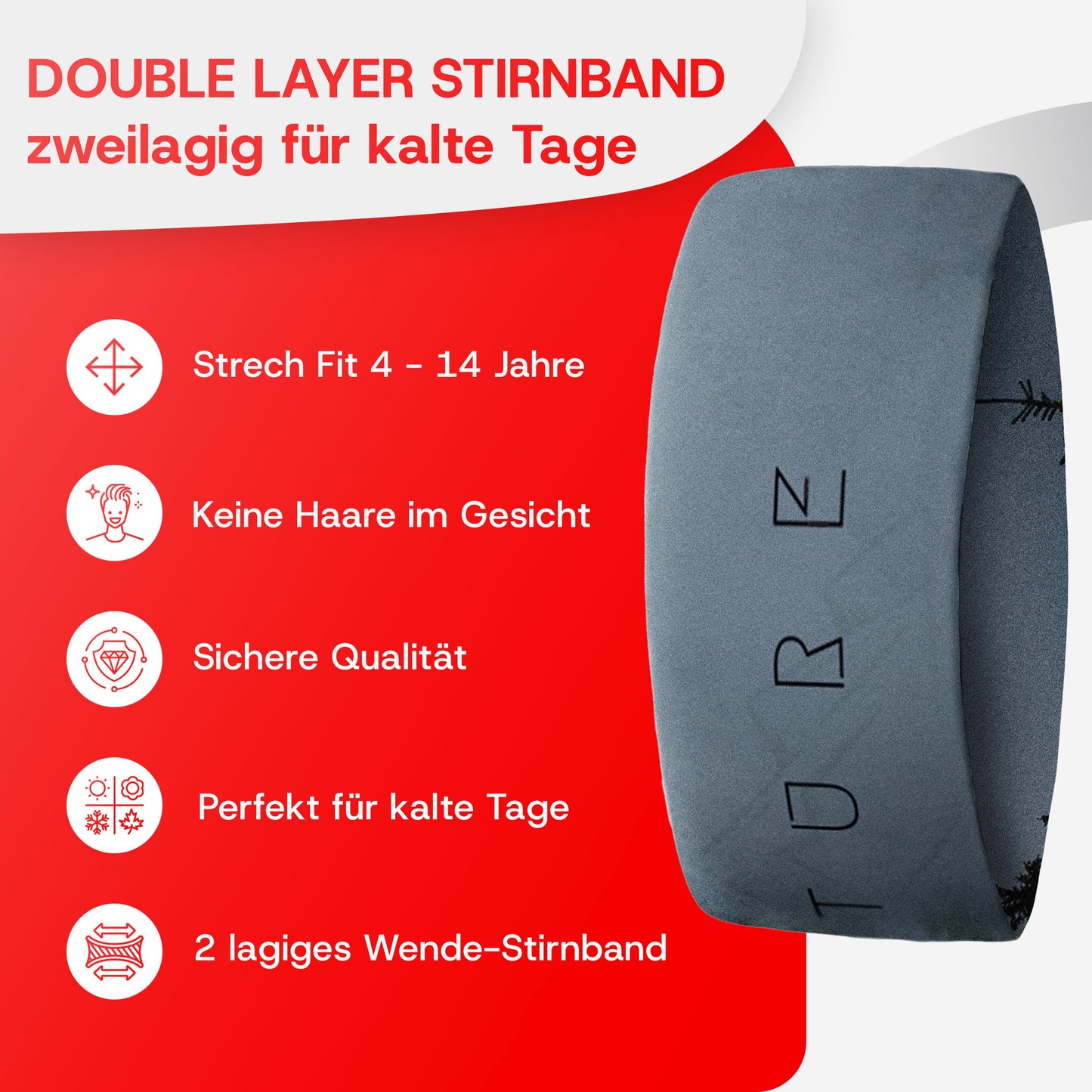 Junior 4-14 Jahre Sport Stirnband zum Wenden, 2-lagig für kalte Temperaturen, schnelltrocknend, Headband, Ohrenschützer, Schweißband, Haarband, Kopfband, Wandern, Laufen, Rad, Ski
