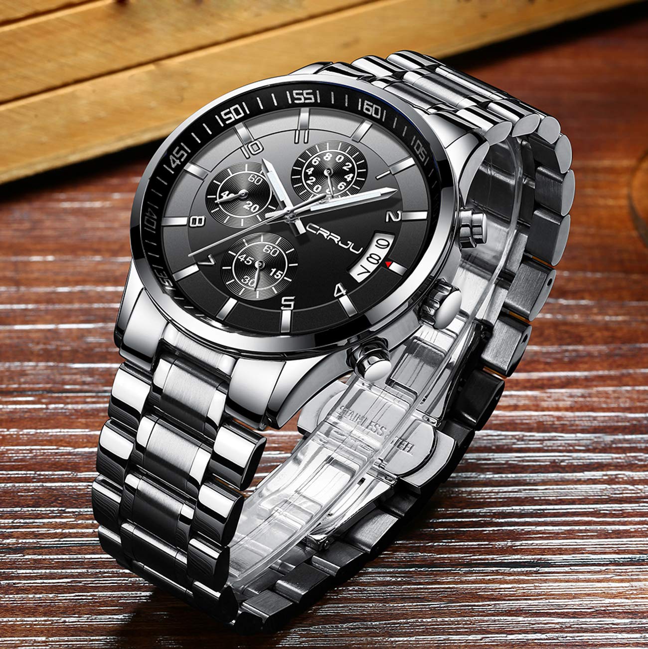 CRRJU Herren Uhr Business Edelstahl wasserdichte Chronographen mit Kalender Armbanduhr Edelstahlband Stoppuhr Analog Quarzuhr