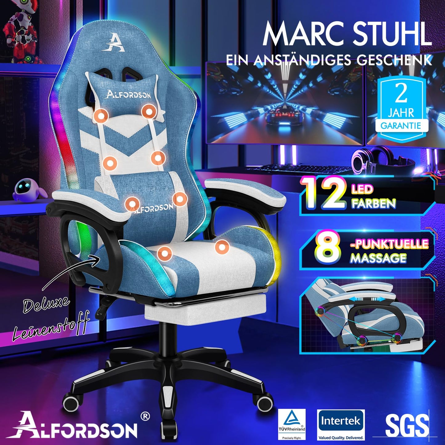 ALFORDSON Gaming Stuhl mit 8-Punkt Massage 12 Farben RGB LED-Licht, Bürostuhl Ergonomisch mit fußstützen, Kopfstütze Lendenkissen für Kinder Erwachsene, Schwarz