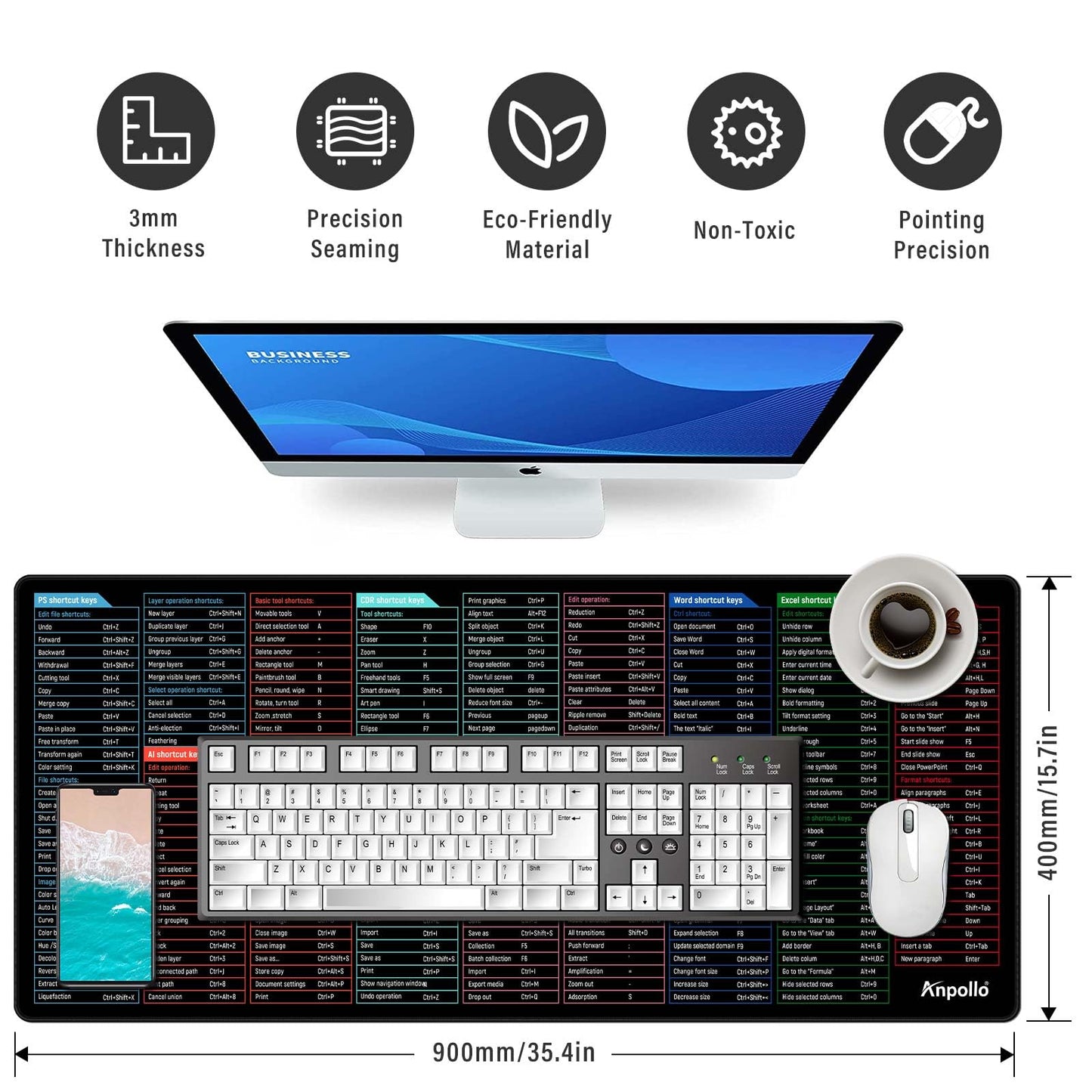 Anpollo Gaming Mouse Mat XXL 900 x 400 x 3 mm Non-Slip Desk Mat Table Mat Multifunctional Office Mouse Mat, Type 1