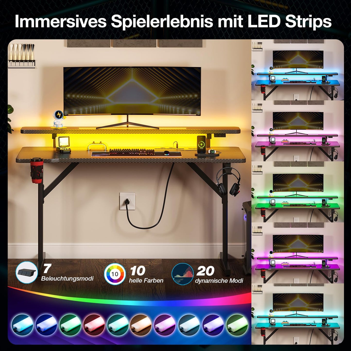 ODK Gaming Tisch, Kleiner Gaming Schreibtisch mit LED Beleuchtung & Steckdosen, Computertisch mit Monitorablage, Carbon Fiber Schwarz PC Gamer Tisch 100cm