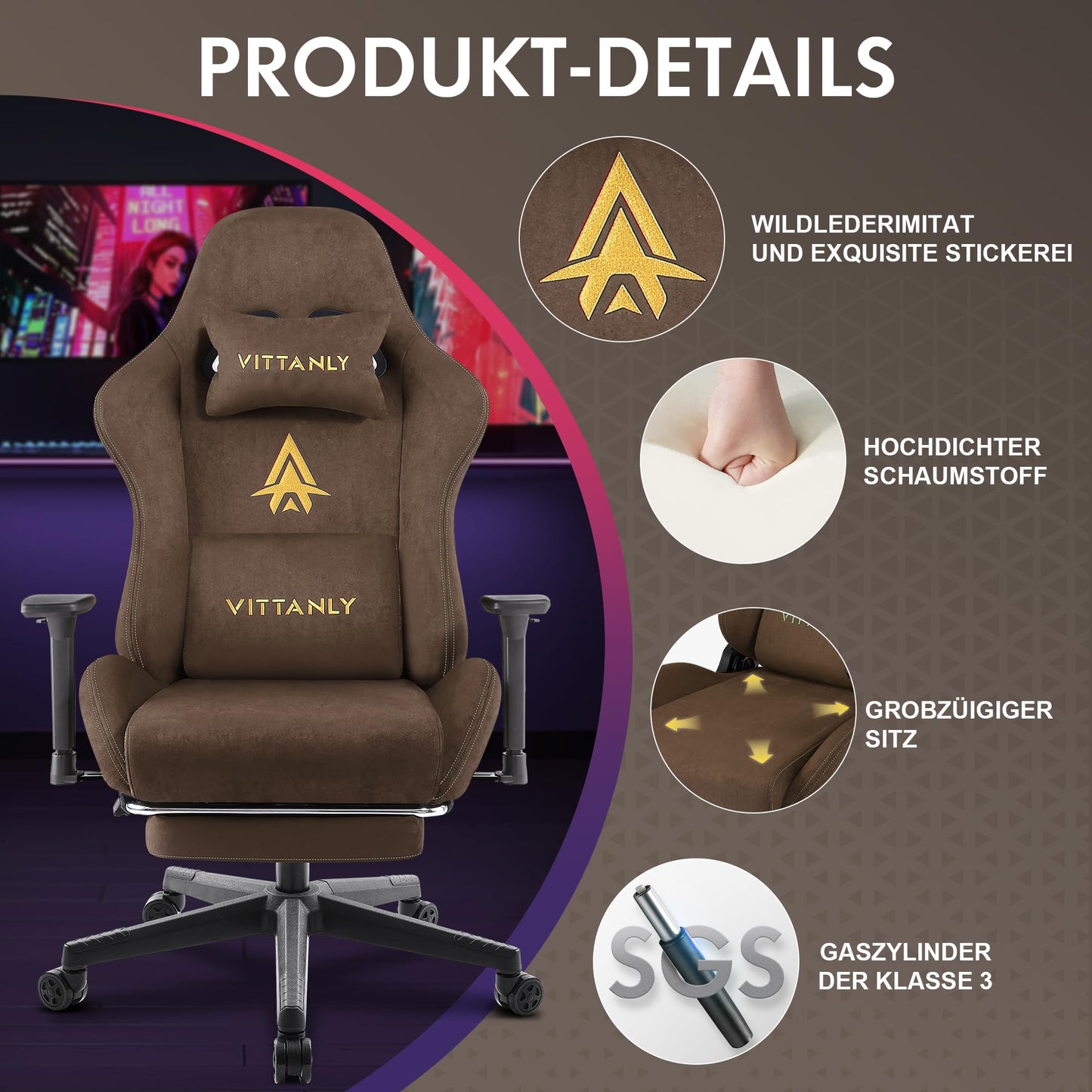 Vittanly Gaming Chair, Luxurious Breathable Imitation Suede Office Chair Gaming Chair, Ergonomic Gamer Chair with Footrest Headrest and Lumbar Cushion, 3D Armrests, 90-155° Backrest, Gray
