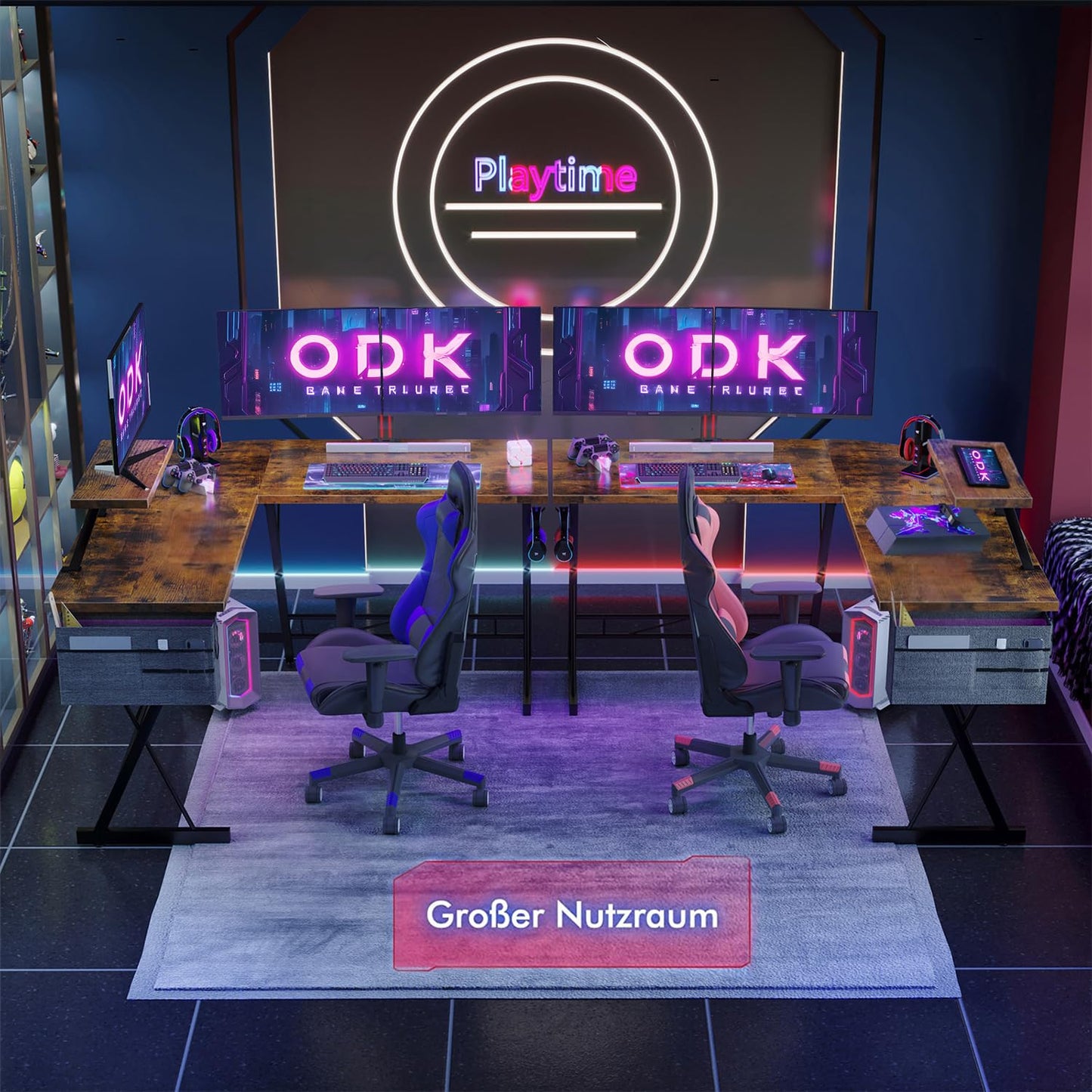 ODK Gaming Tisch, Gaming Schreibtisch Eckschreibtisch für Gamer, Schreibtisch L Form mit Monitorständer für Büro (Schwarz, 127 x 127 cm)