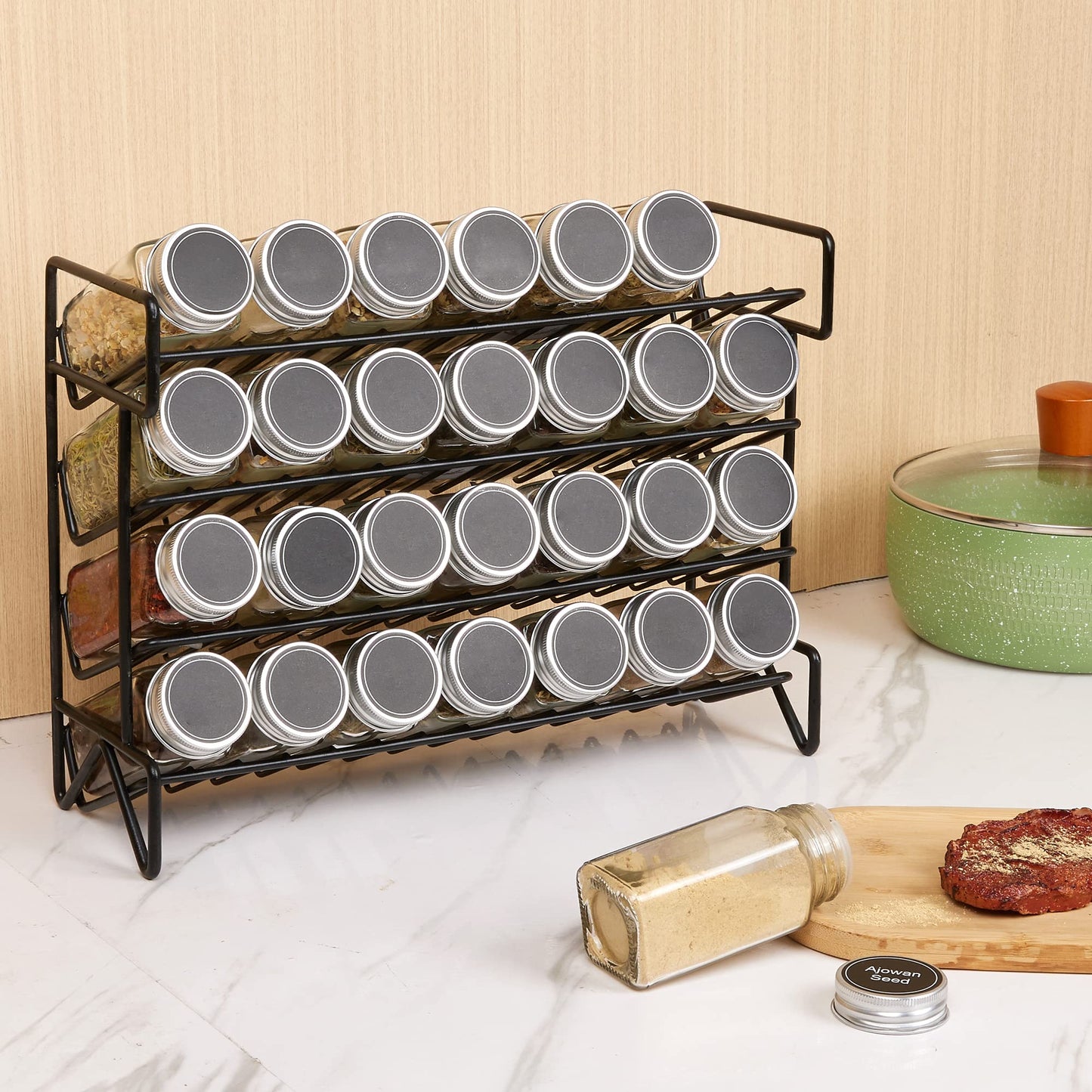 Vtopmart 4-stöckiges Gewürzregal Stehend, 28 Leere Gewürzgläser mit Gestell und 432 Gewürzetiketten, Gewürz-Organizer für Küchen, Schrank, Speisekammer, Schrank, Arbeitsplatte