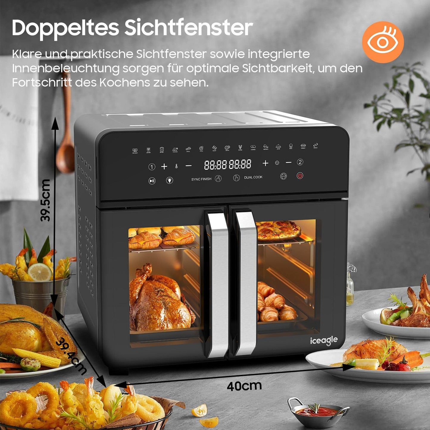 iceagle Heißluftfritteuse 6,5 L Airfryer XL - Fritteuse Ohne Fett mit Metallinnenraum | 1700W Heissluftfriteuse mit 8 Kochprogramme, Digitalem Display, mit deutschem Rezeptbuch