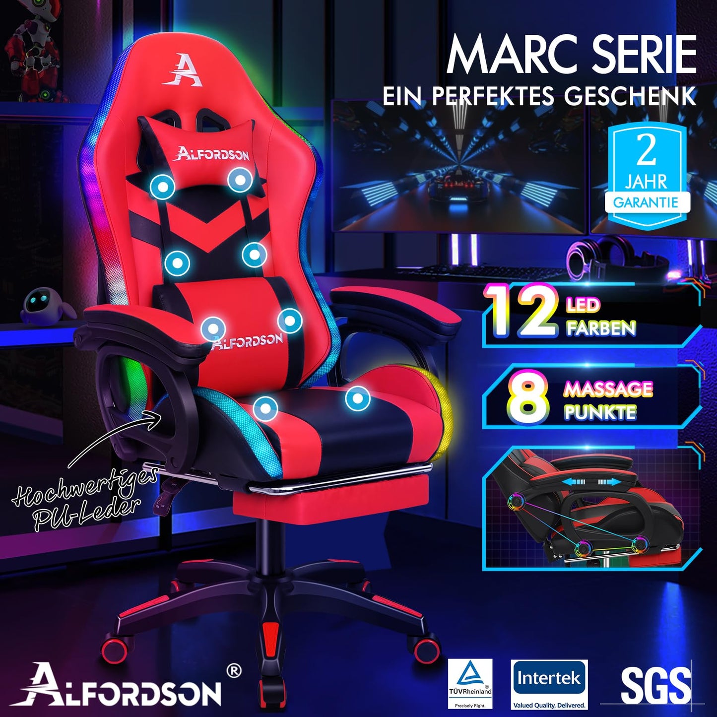 ALFORDSON Gaming Stuhl mit 8-Punkt Massage 12 Farben RGB LED-Licht, Bürostuhl Ergonomisch mit fußstützen, Kopfstütze Lendenkissen für Kinder Erwachsene, Schwarz